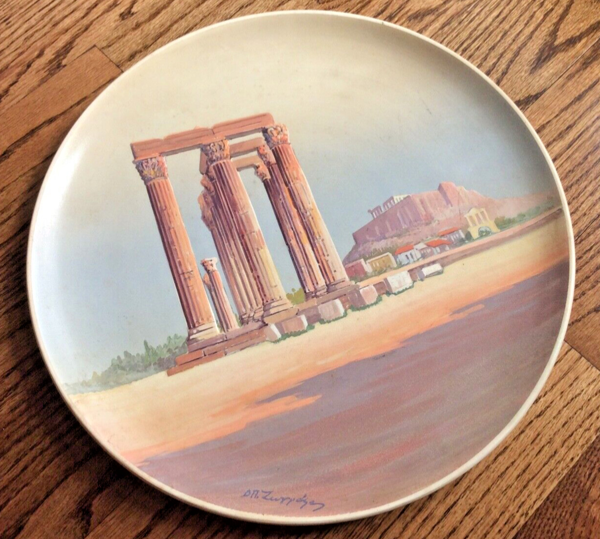 Greek Parthenon Pillars brown beige decor plate pottery Dimitrious signed