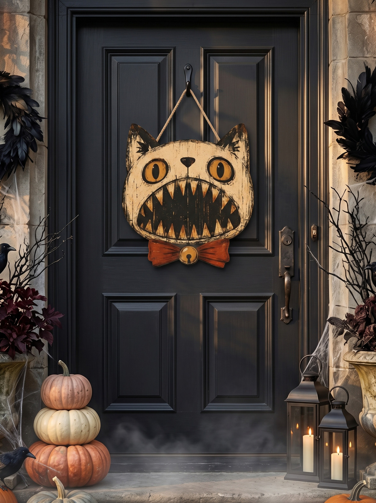 Halloween Door Hanger, Vintage Halloween Decor Outdoor, Cat Decor, Horror Decor