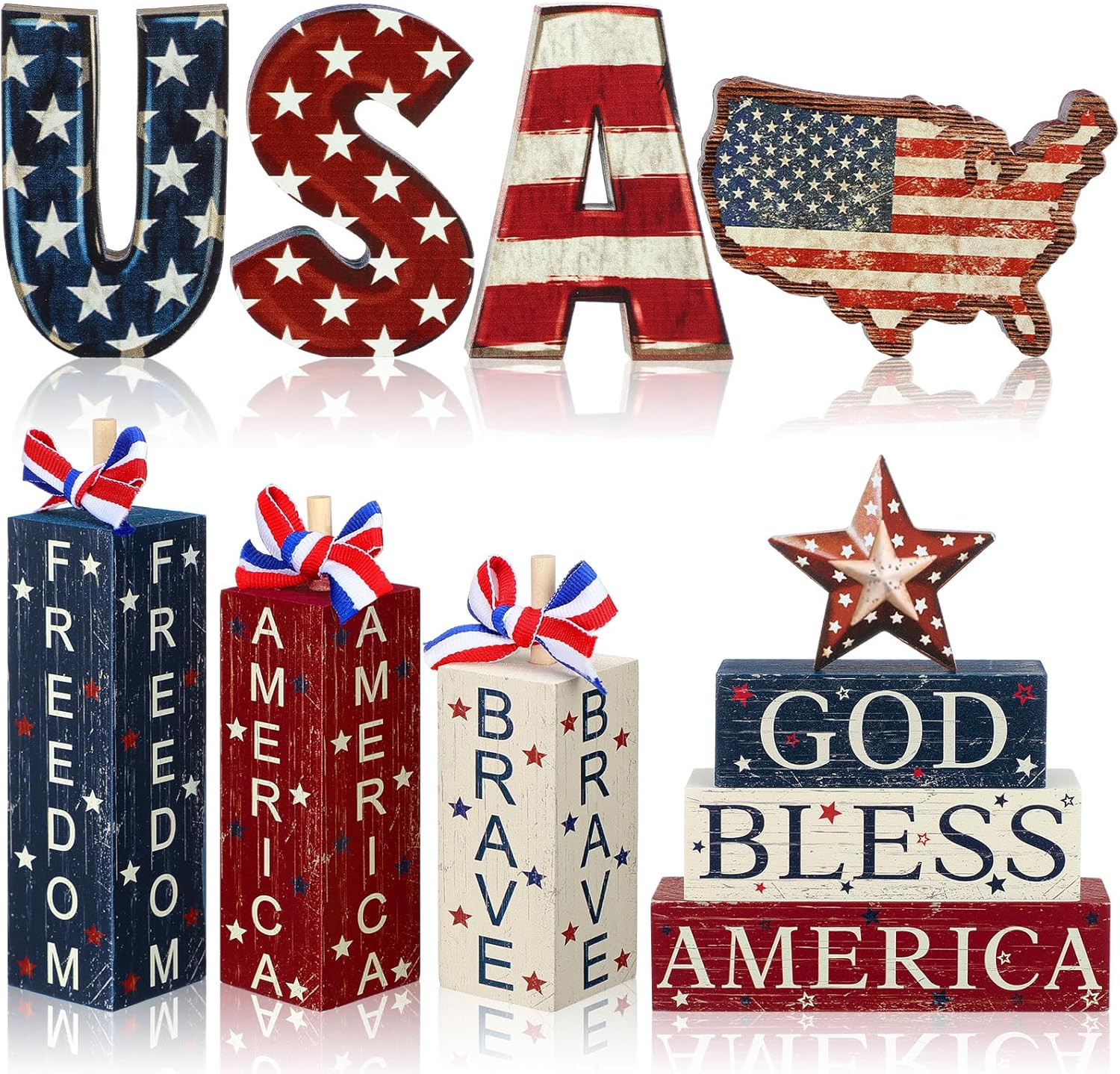 11 Pcs 4Th of July Decoration Memorial Day Table Sign Patriotic Tiered Tray D…