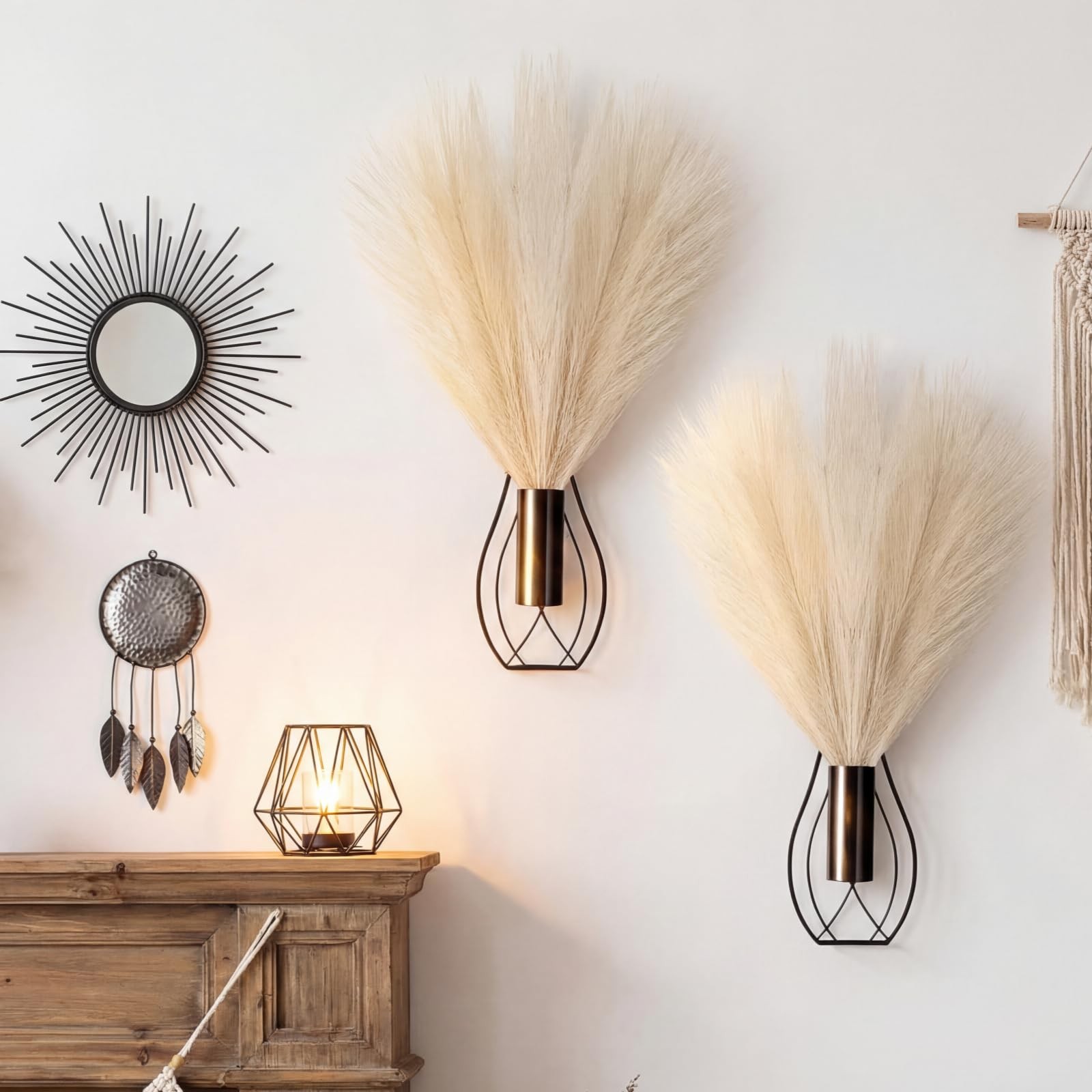 2 Pieces Hanging Plant Wall Decor with Artificial Pampas Grass Metal Hanging …