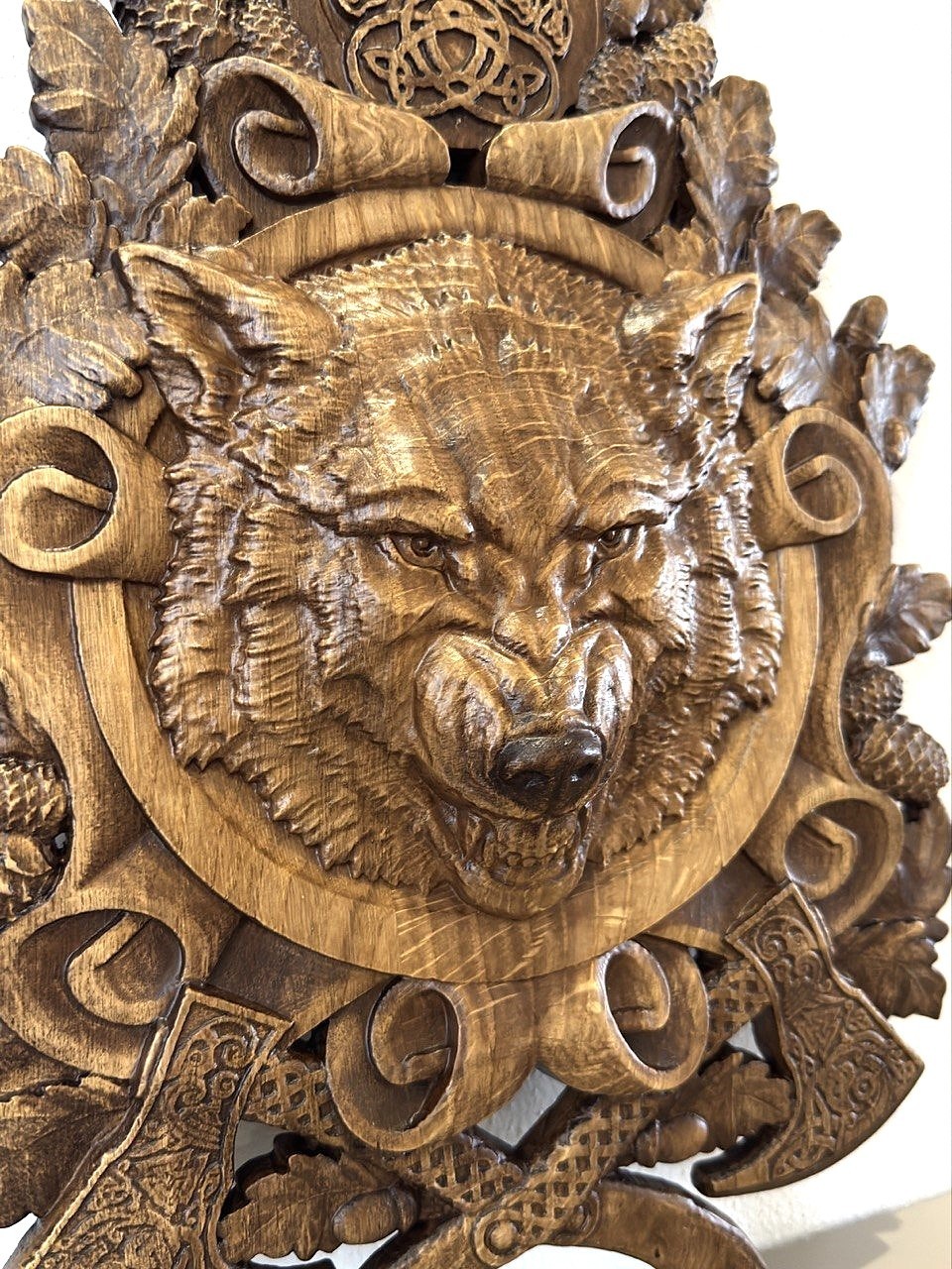 Wolf Wooden carved Wall Plaque Viking Axes Celtic Norse Mythology Relief Decor