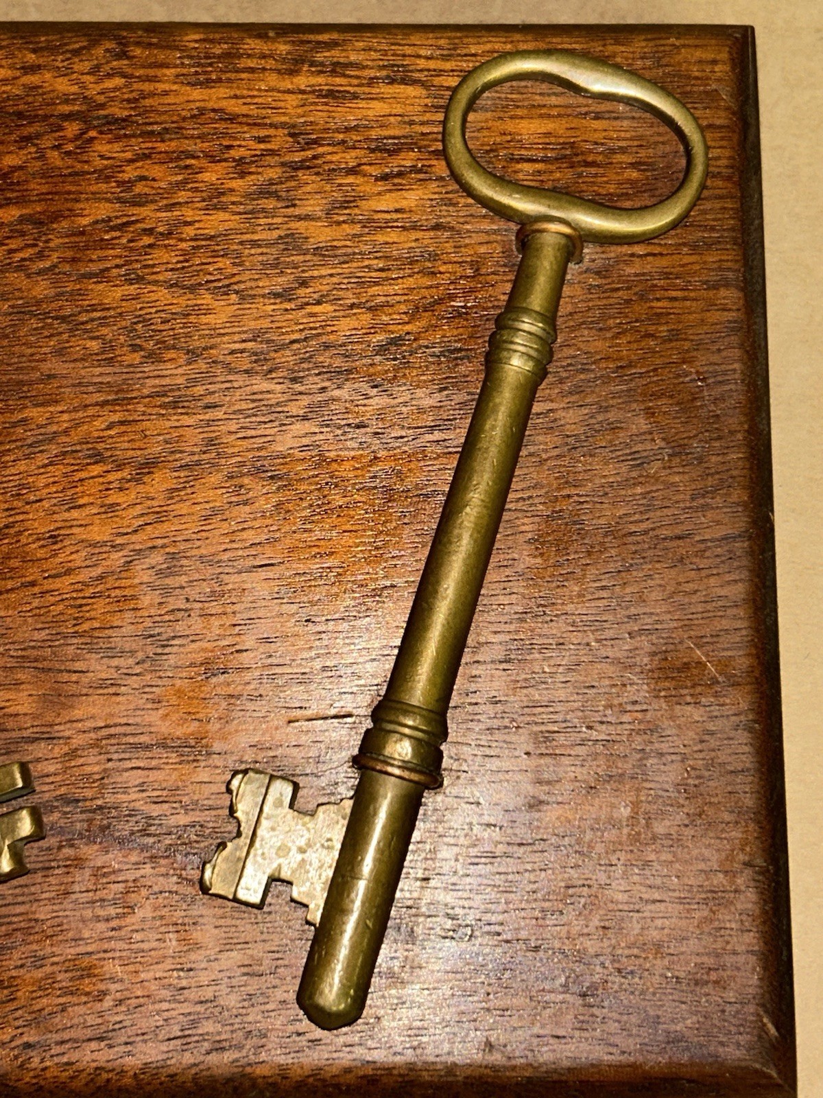 Bronze Keys Tied With Copper Wire On Stained 6×5” Wooden Wall Hanging Plaque