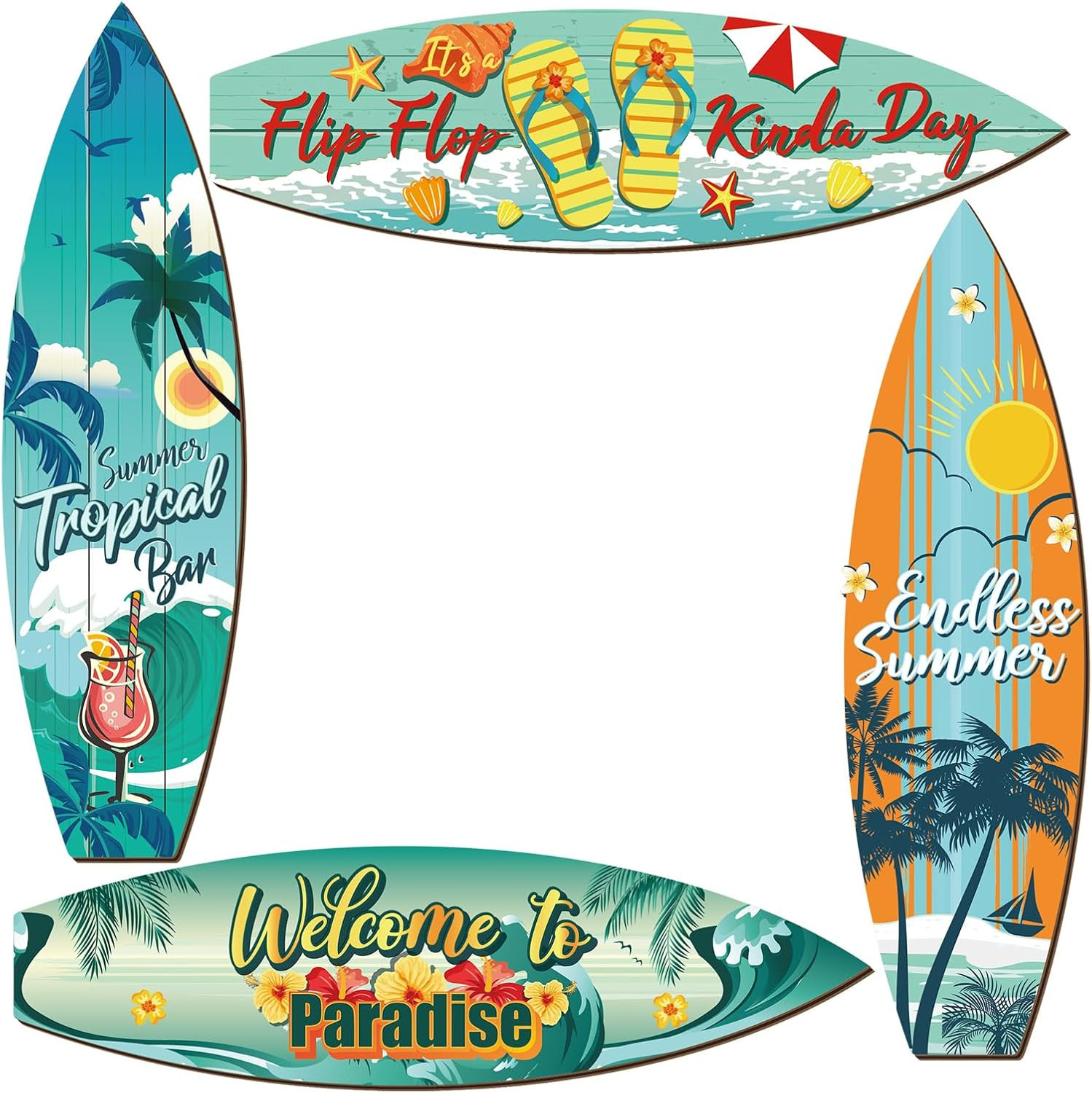Tatuo 4 Pcs Surfboard Decor Hawaiian Wooden Beach Wall Decor Tiki Tropical Bar D