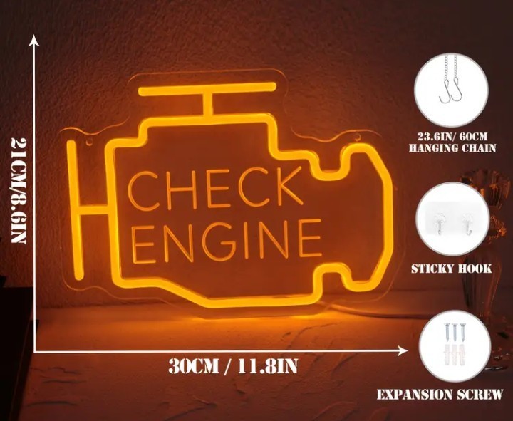 Check Engine Neon Sign LED Wall Light Garage Man Cave Auto Shop Decor Orange