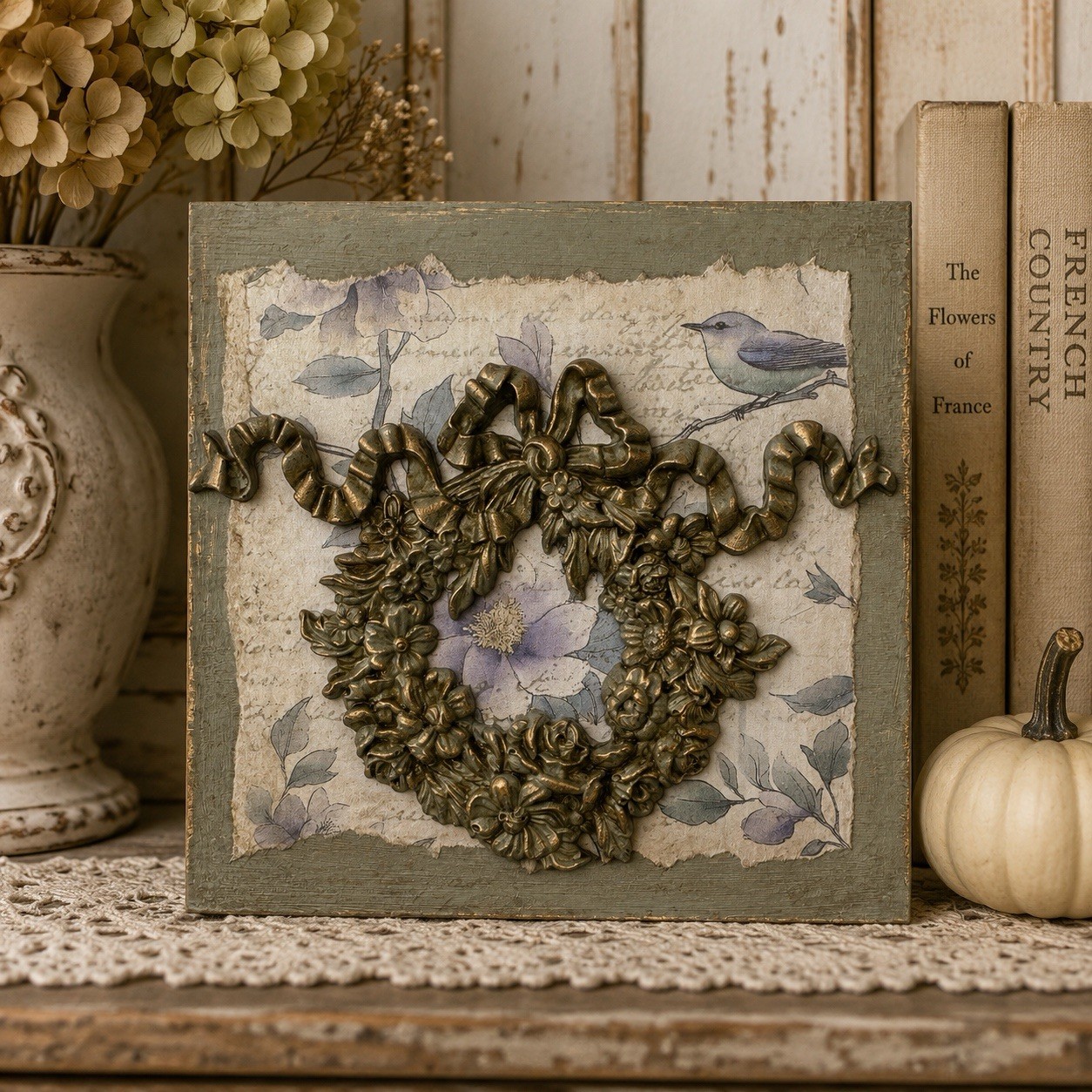 Handcrafted Floral Wreath Wall Hanging Blue Bird French Country Decor 6x6x1