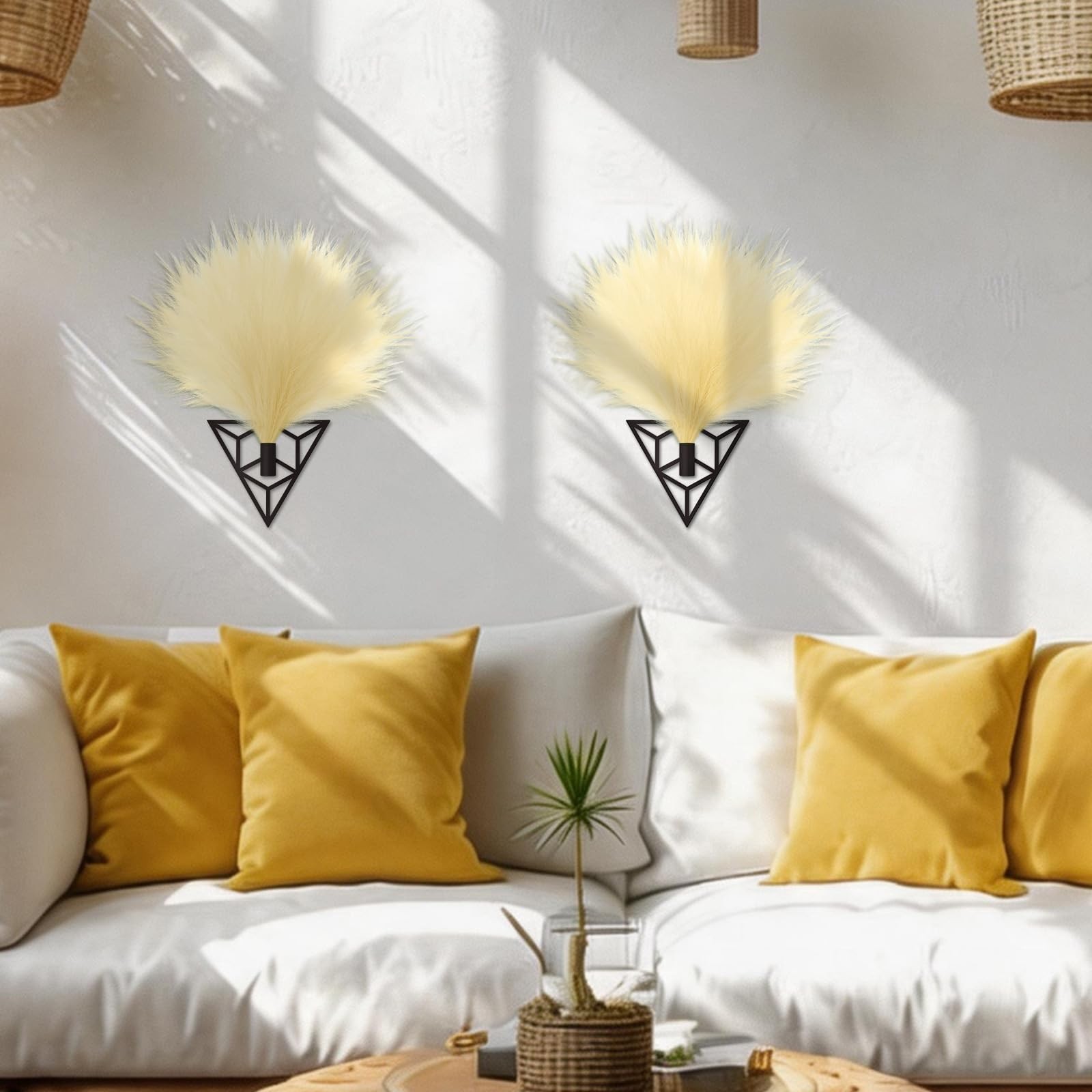 2 Pieces Boho Wall Decor Gold Metal Wall Art Artificial Pampas Wall Mounted H…
