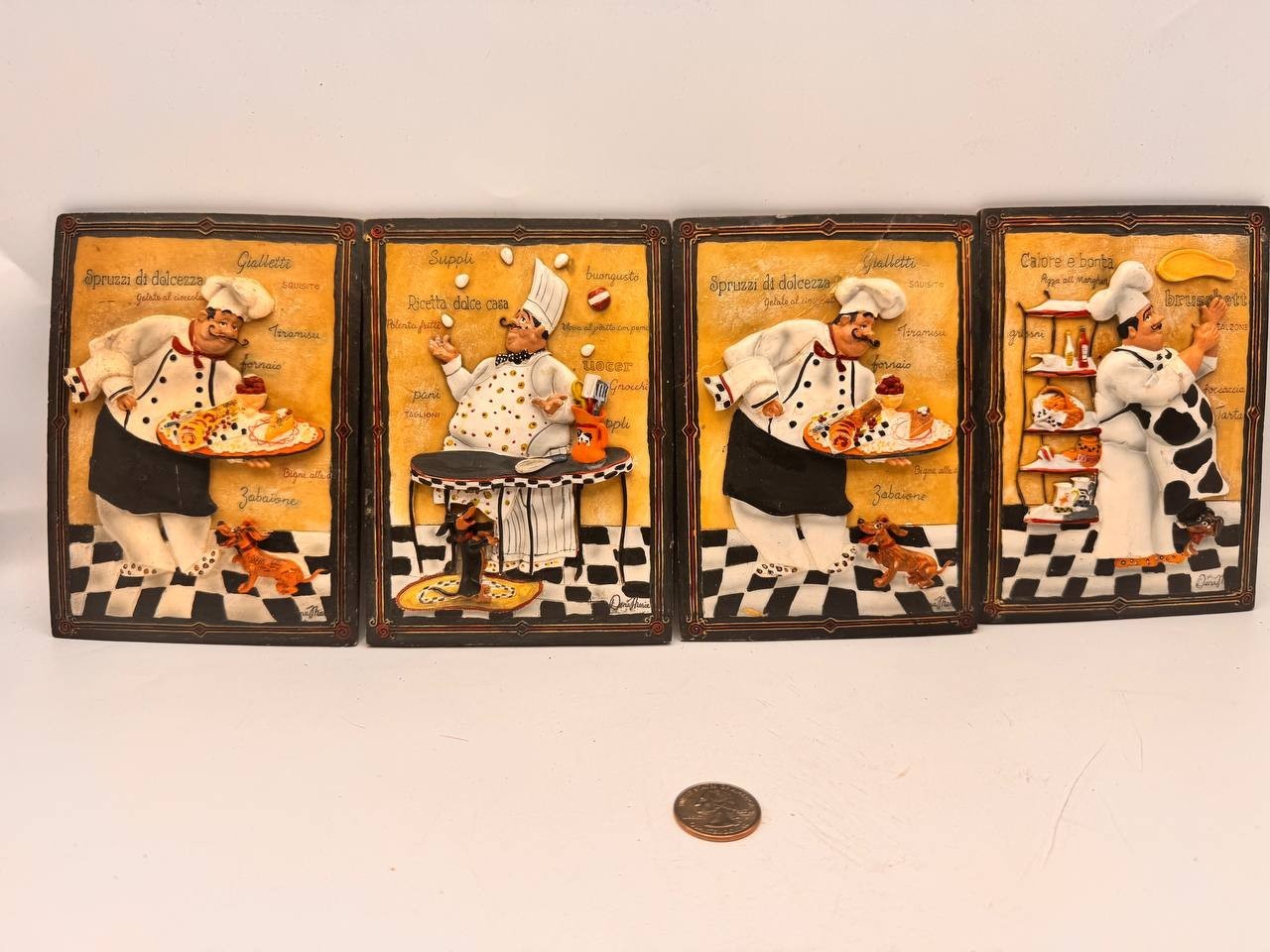 Set of 4 Vintage Italian Chef Kitchen Wall Plaques 3D Bistro Cafe Decor