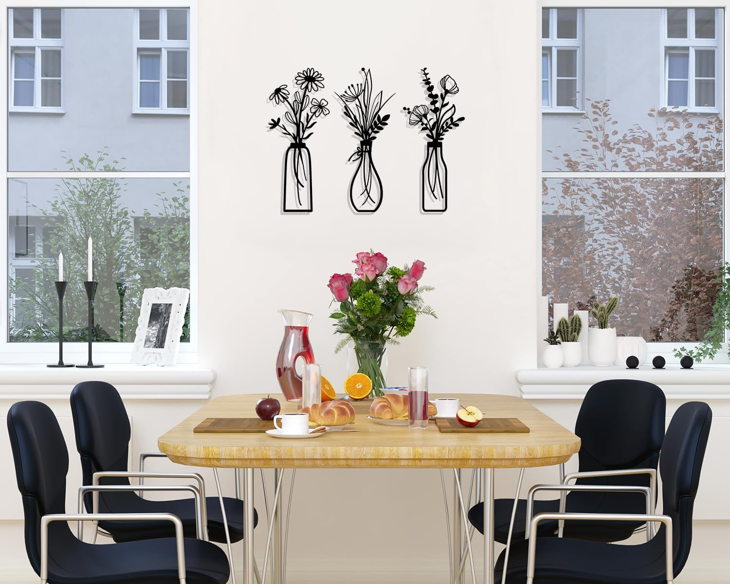 3 Pieces Metal Flowers Wall Arts – Rustic Farmhouse Decor Black Minimalist Flowe