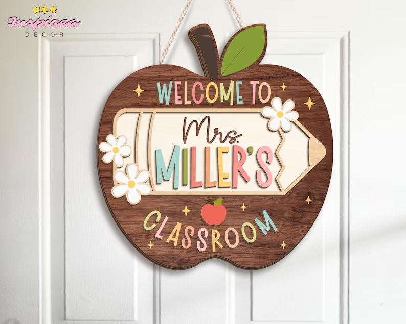 Personalized Apple Teacher Name Door Sign, Welcome Classroom Decor