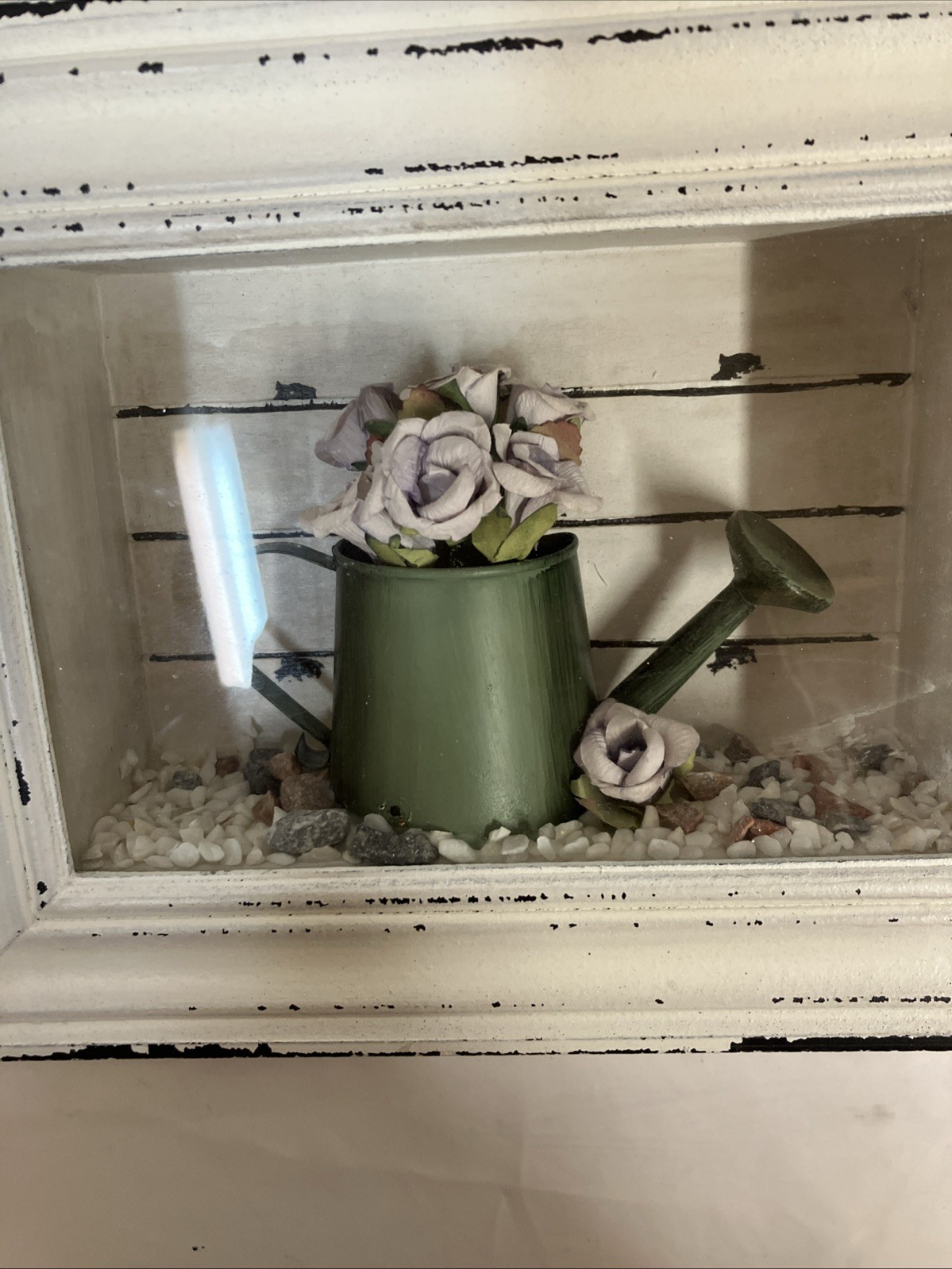Shadow Box Purple Flowers Watering Can Distressed Wood Frame 8.5 x 6.5 x 2 VG