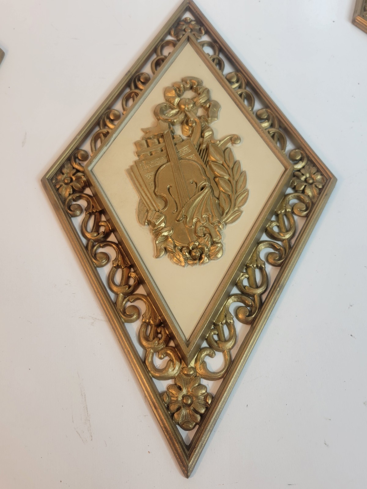 Dart Homco Diamond Shaped Floral Gold Ornate Wall Plaques Set Of 4 Hollywood MCM