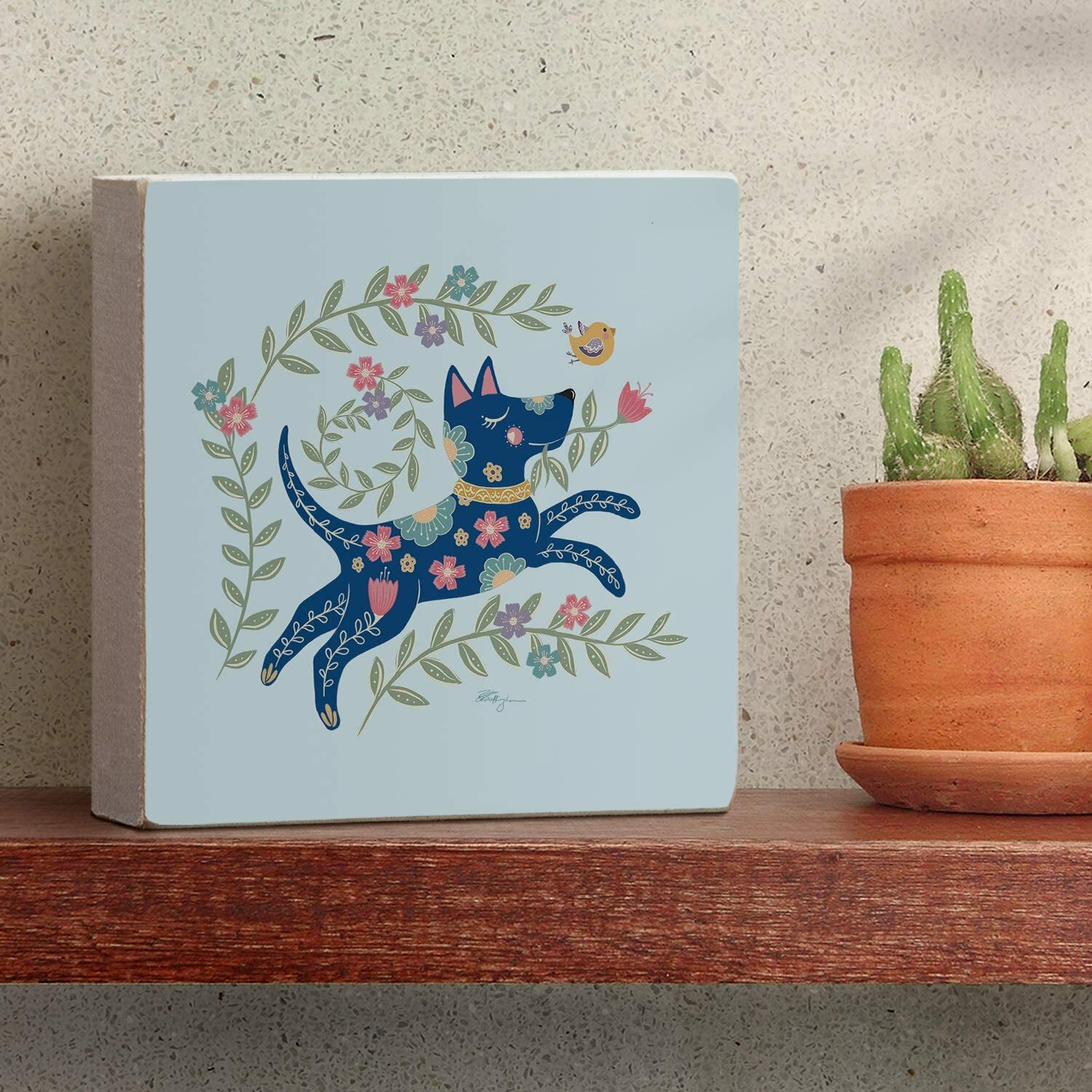 Counterart Wood Block Décor Message Boho Playful Dog Sign, 3.75 inches Square