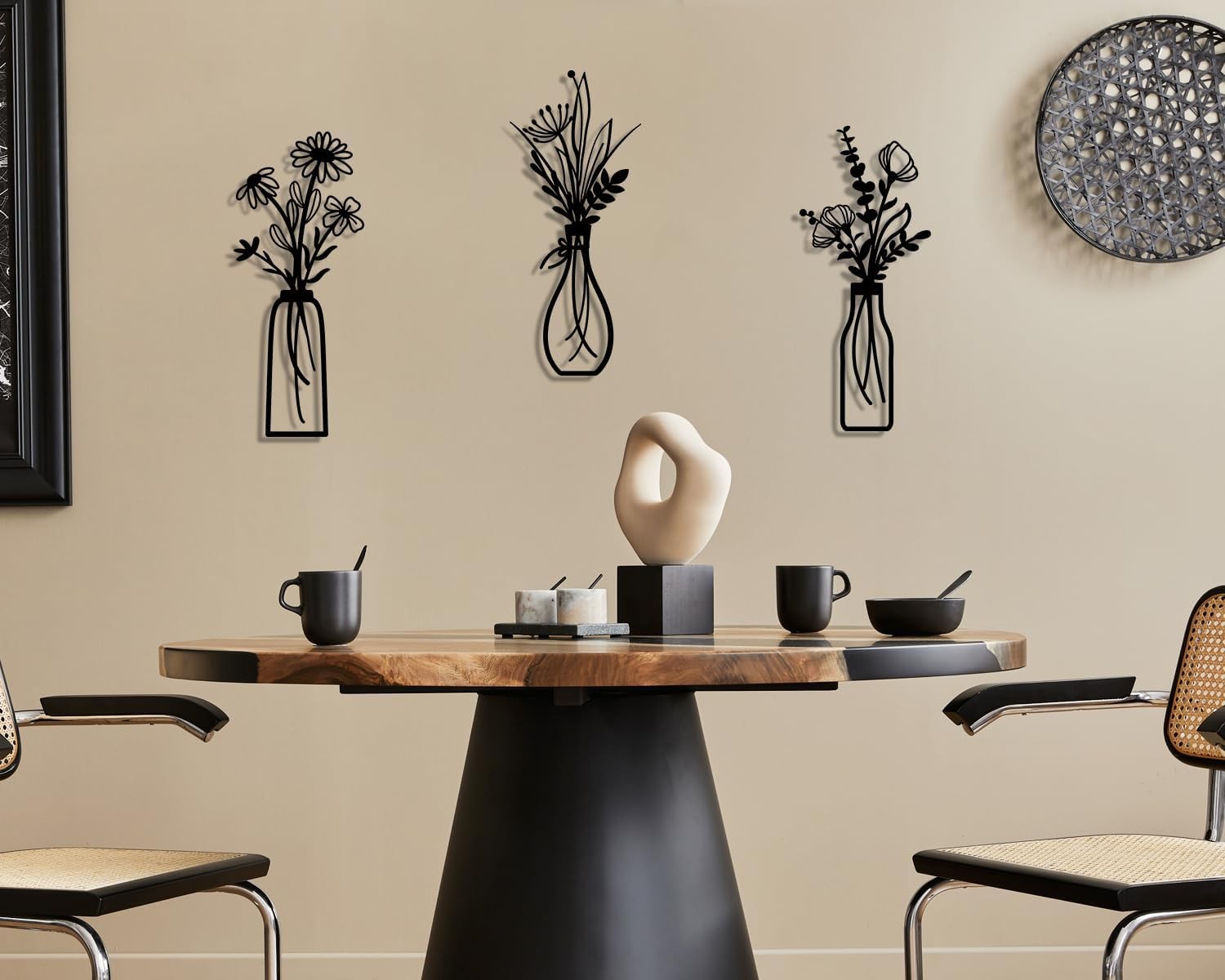 3 Pieces Metal Flowers Wall Arts – Rustic Farmhouse Decor Black (Black, Vase-C)