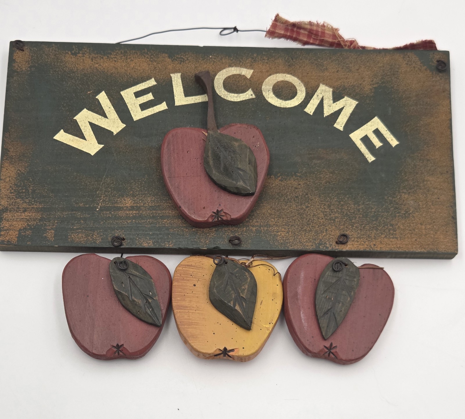 Vtg 90s Style Wooden Apple Welcome Sign Decor Country Ribbon Cottagecore