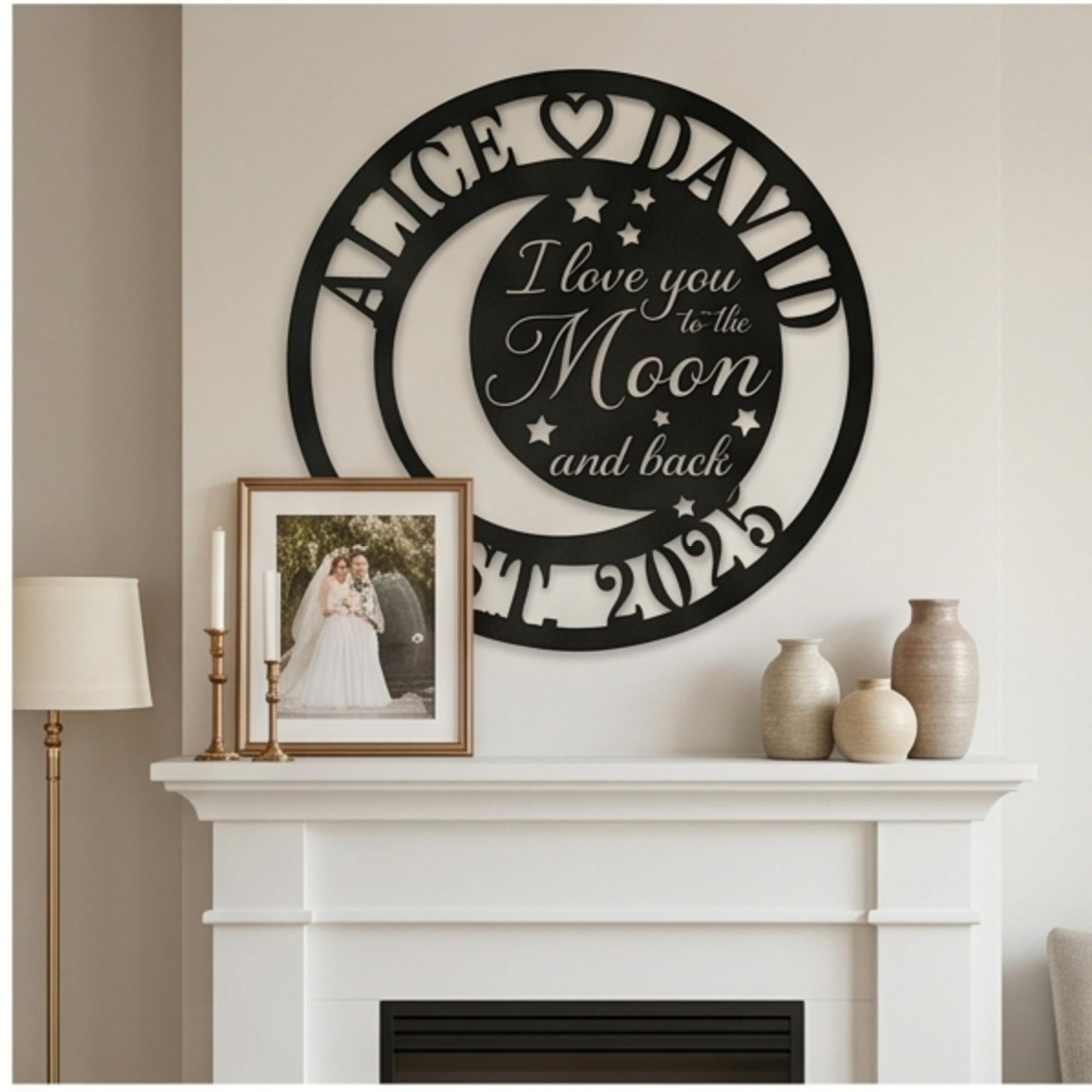 Personalized Moon & Stars Metal Sign, Custom Couple Wall Art, Anniversary Gift