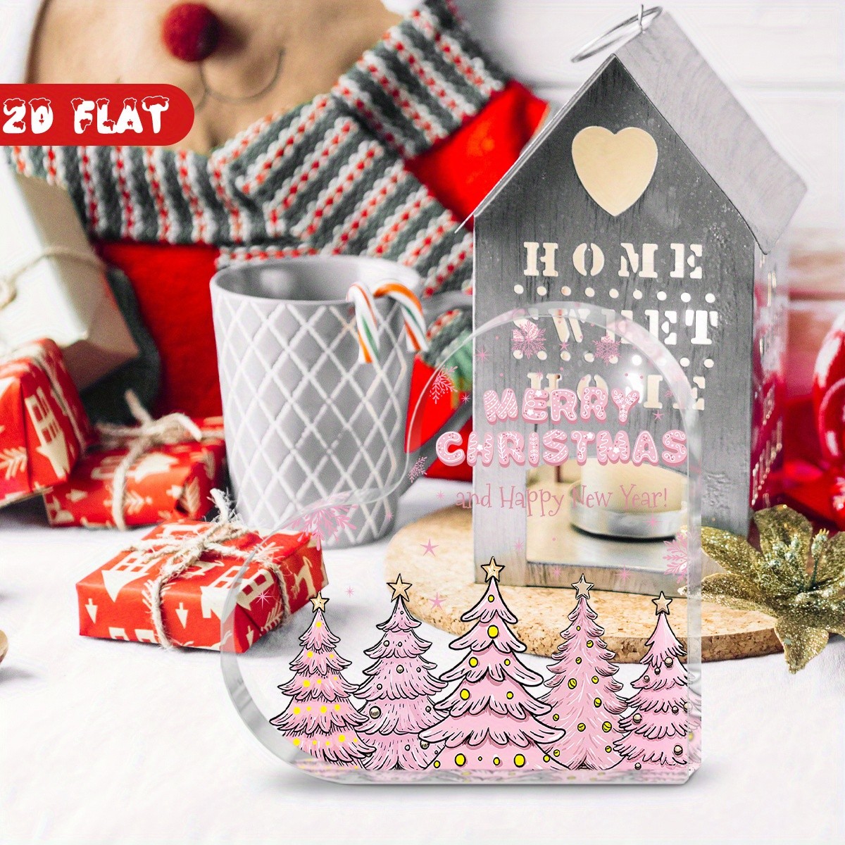 Pink Christmas Tree Heart Shape Acrylic Plaque Merry Christmas Farmhouse Decor