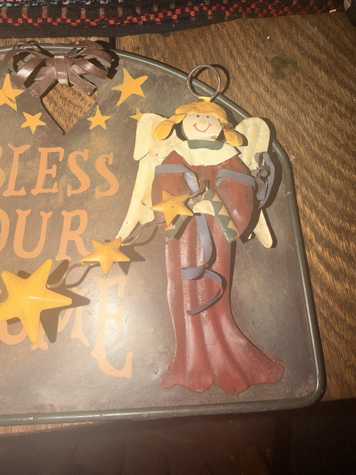 Metal Wall Plaque “Bless Our Home” Rustic Arch Hanging Angels & Stars