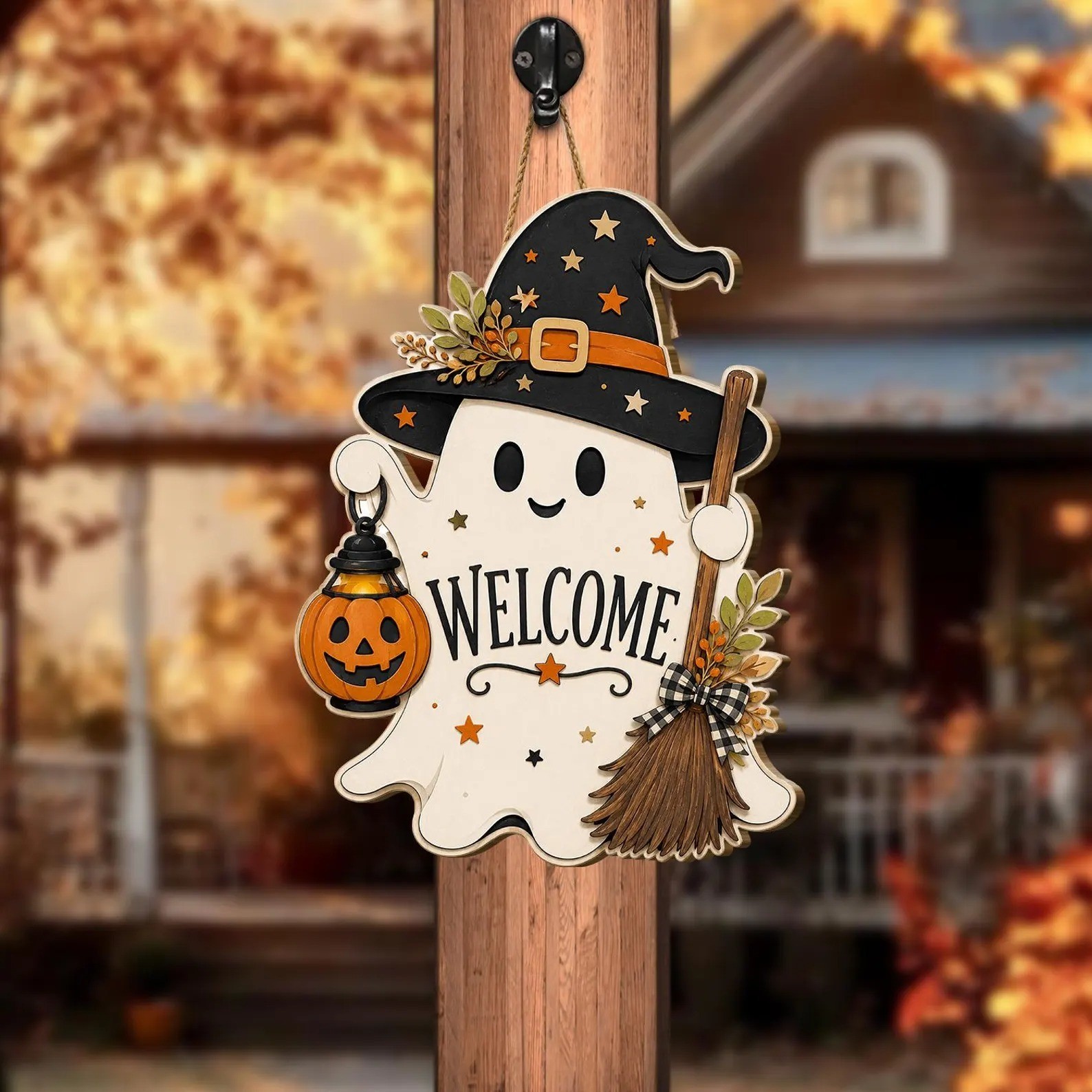 Wooden Halloween Ghost Witch Welcome Sign, Spooky Porch Decor, Pumpkin Lantern H