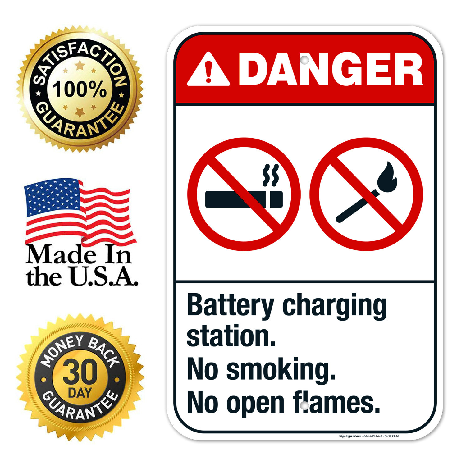 Battery Charging Station No Smoking No Open Flames Sign, ANSI Danger Sign,