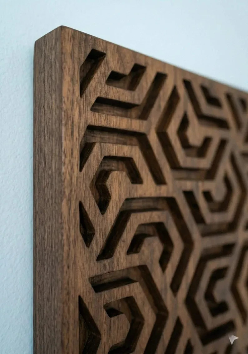 Handcrafted Wooden Wall Art Geometric Wood Carving Panel Modern Plaque Decor