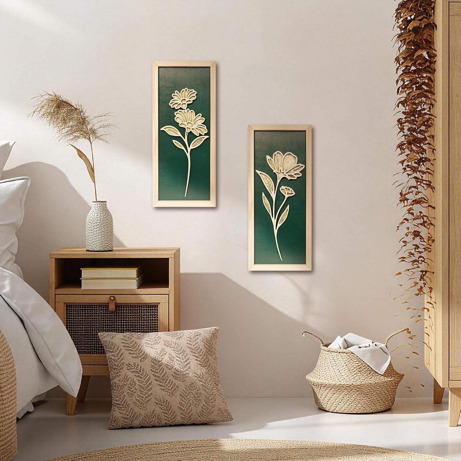 Wooden Floral Wall Decor Set of 2, Ready-to-Hang Boho farmhouse decor NEW