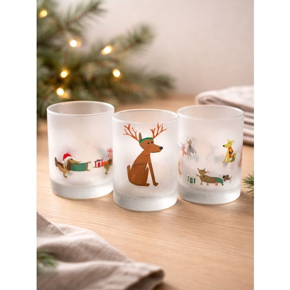 EUC Culver Set of 3 Festive Holiday Frosted Tumblers – 14oz – Dogs & Reindeer