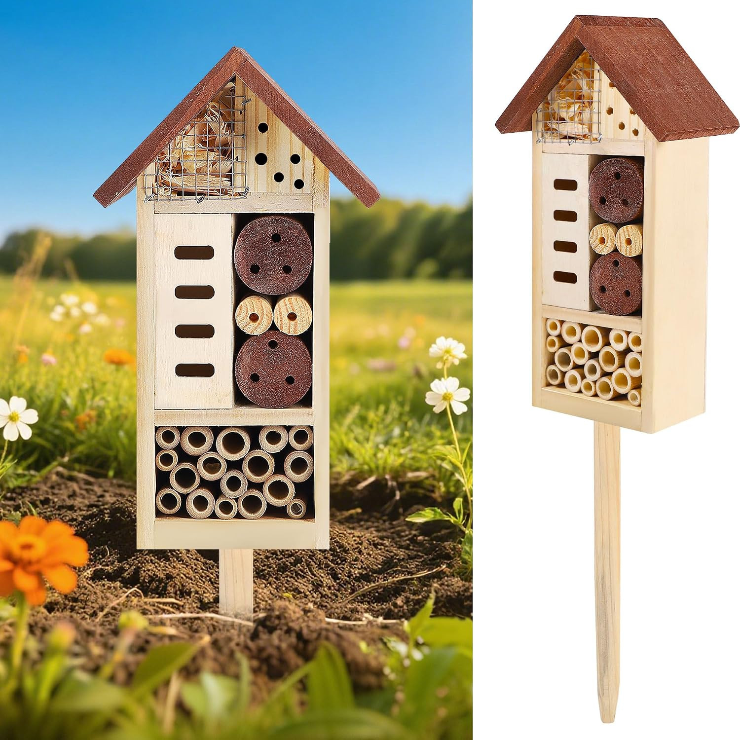 Wooden Insect House with Stake, 19.7 X 3.4 X 5.4 Inch | Hanging & Inserting Two