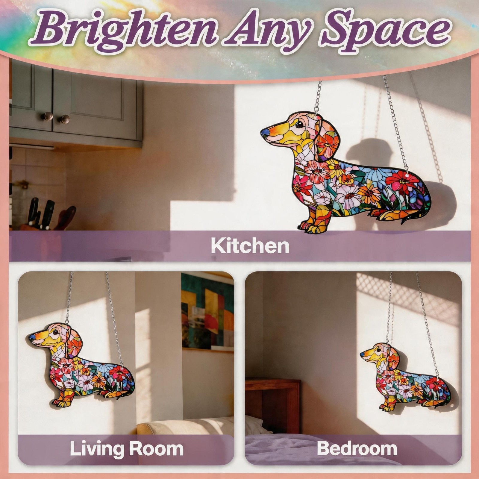 Stained Glass Dachshund Suncatcher – Floral Dog Window Hanging & Gift