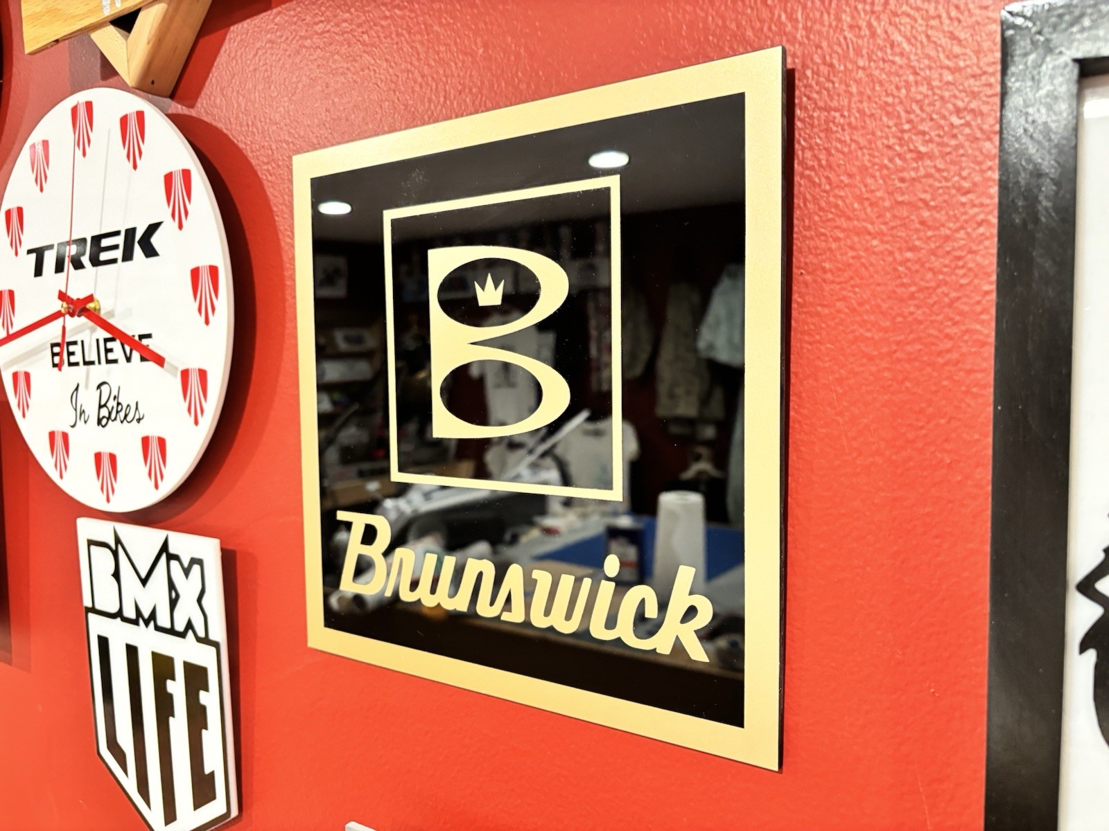 Brunswick Billiards Sign On Mirror Black Acrylic Many Szs Clrs USA Handmade