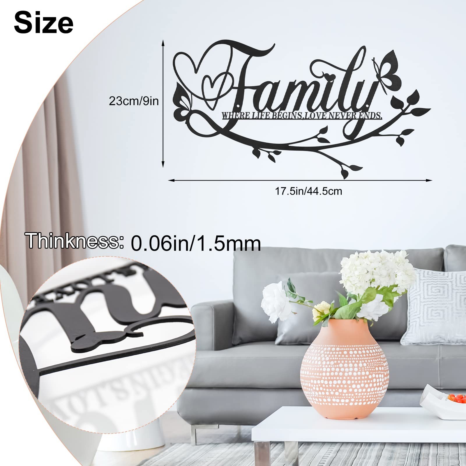 Family Where Life Begins Love Never Ends Word Sign Metal Wall Decor, Black Ho…