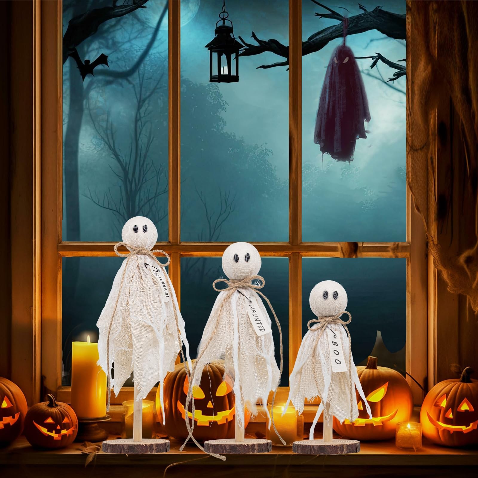 Wooden Ghost Halloween Decorations Indoor– Set of 3 Sizes Rustic Shelf White