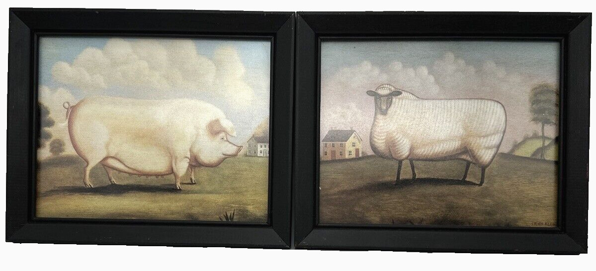 Barnyard Animal Wall Hangings, Lot of 2, Sheep/Pig, Wood Frame, used (BB7)