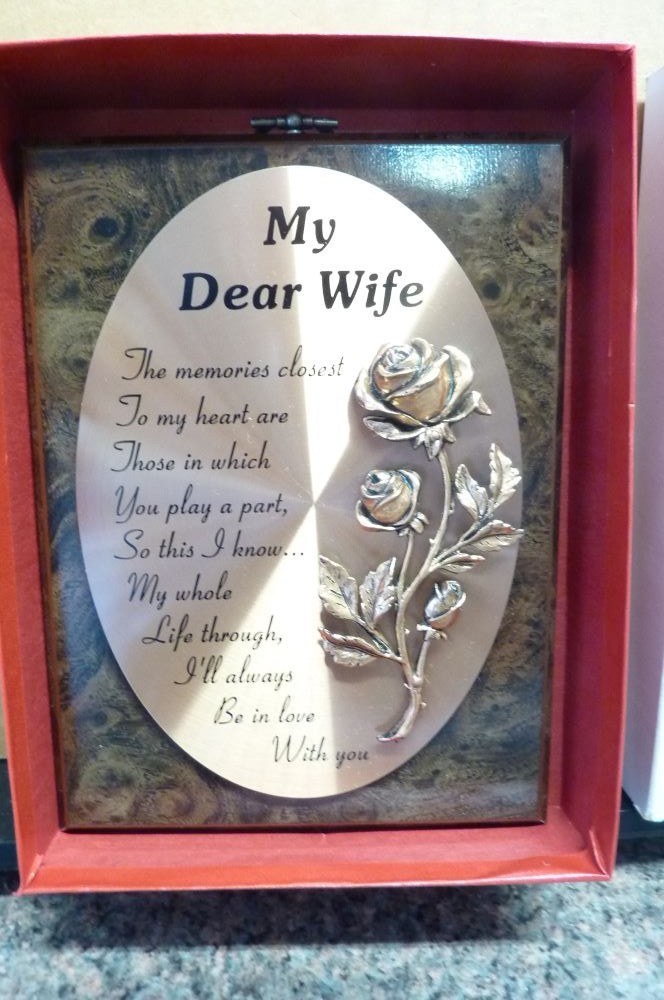 My Dear Wife 8 x 6 inch Vintage Copper tone Rose & poem Plaque.