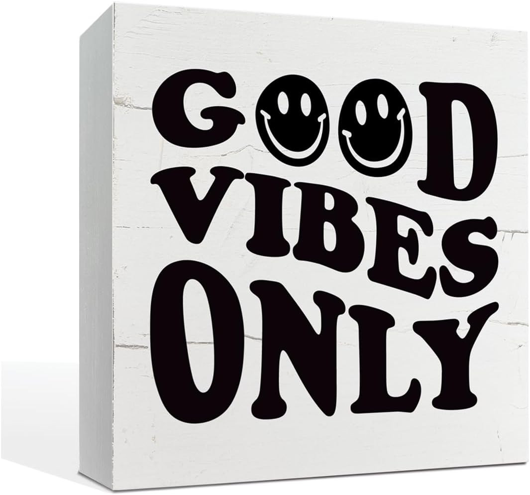Good Vibes Only Rectangular Wood Sign, 5.7*5.7IN, Tabletop Mount, Rustic, Words