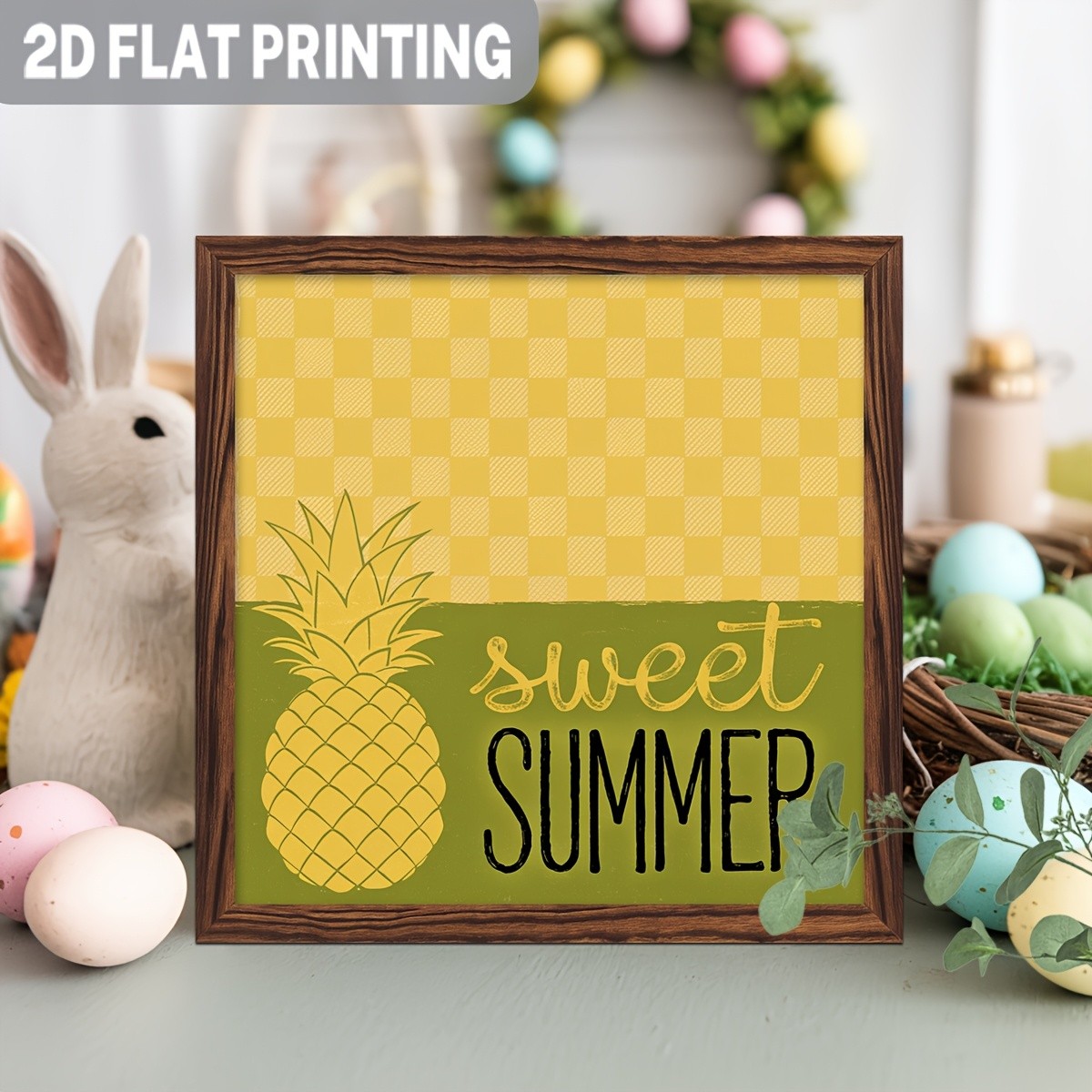 Sweet Summer Pineapple Yellow Gingham Square Wooden Plaque Rustic Wall Decor
