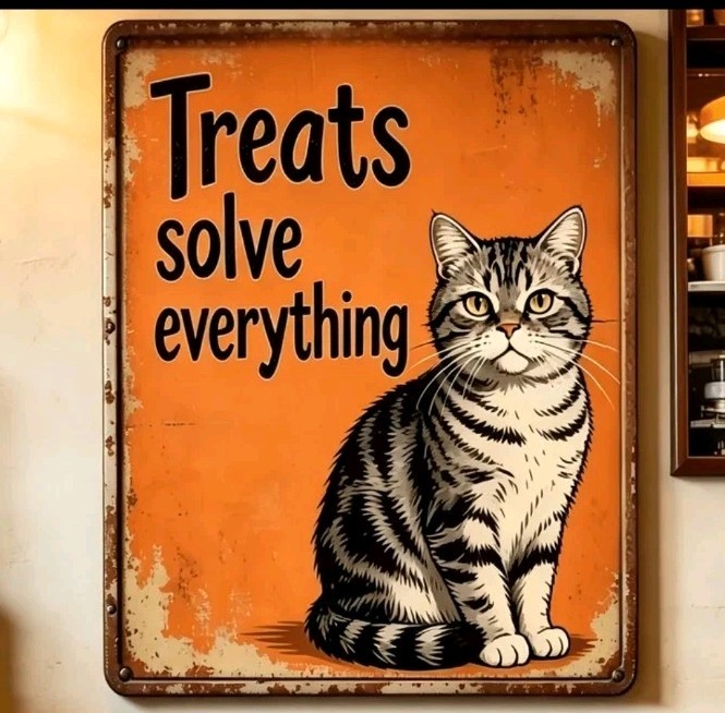 Funny Cat Metal Sign Treats Solve Everything Vintage Rustic Tabby Wall Decor Art