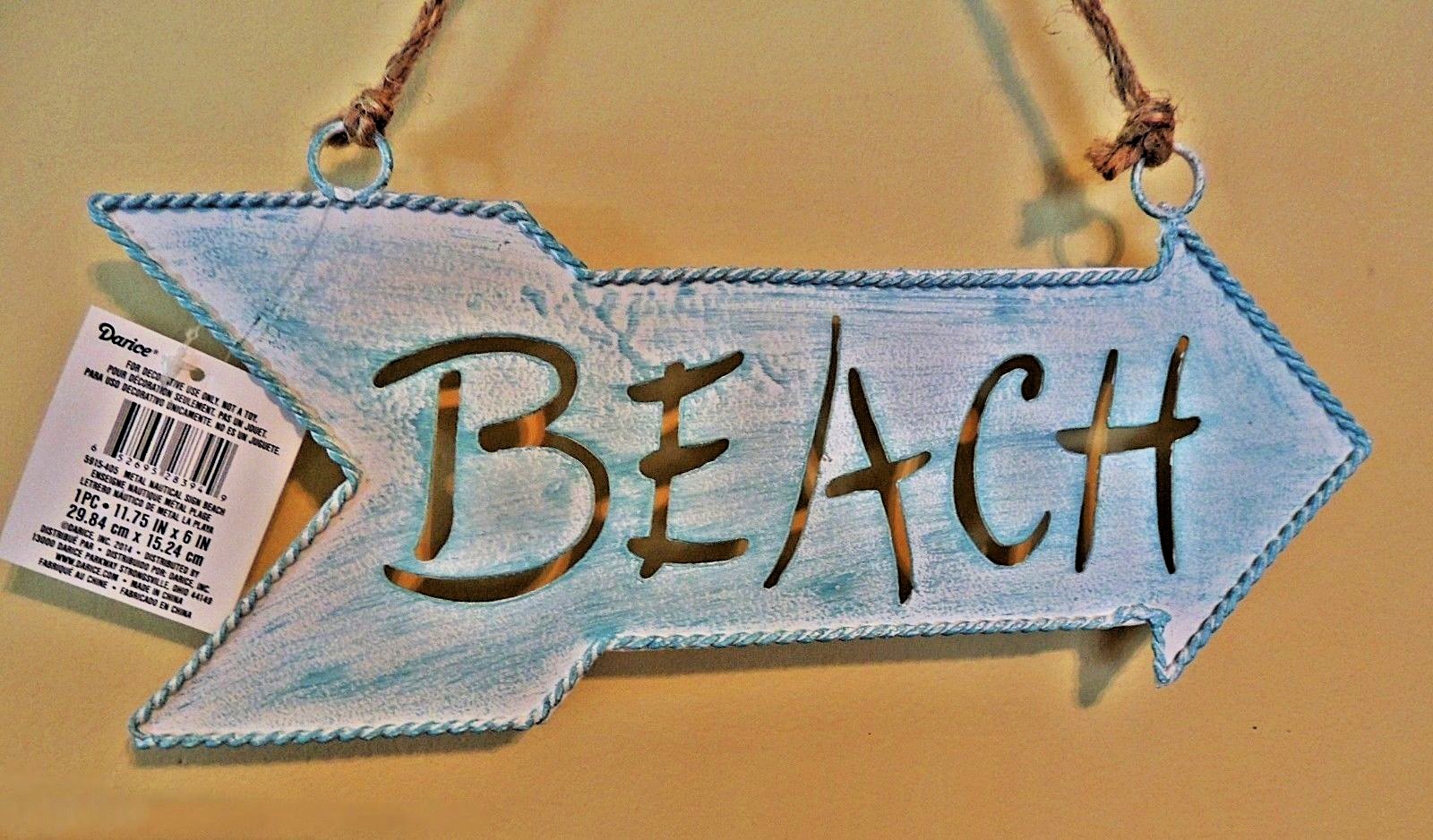 RUSTIC NAUTICAL BLUE BEACH SIGN 11.75″ X 6″ HANGING DIRECTION ARROW METAL DECOR