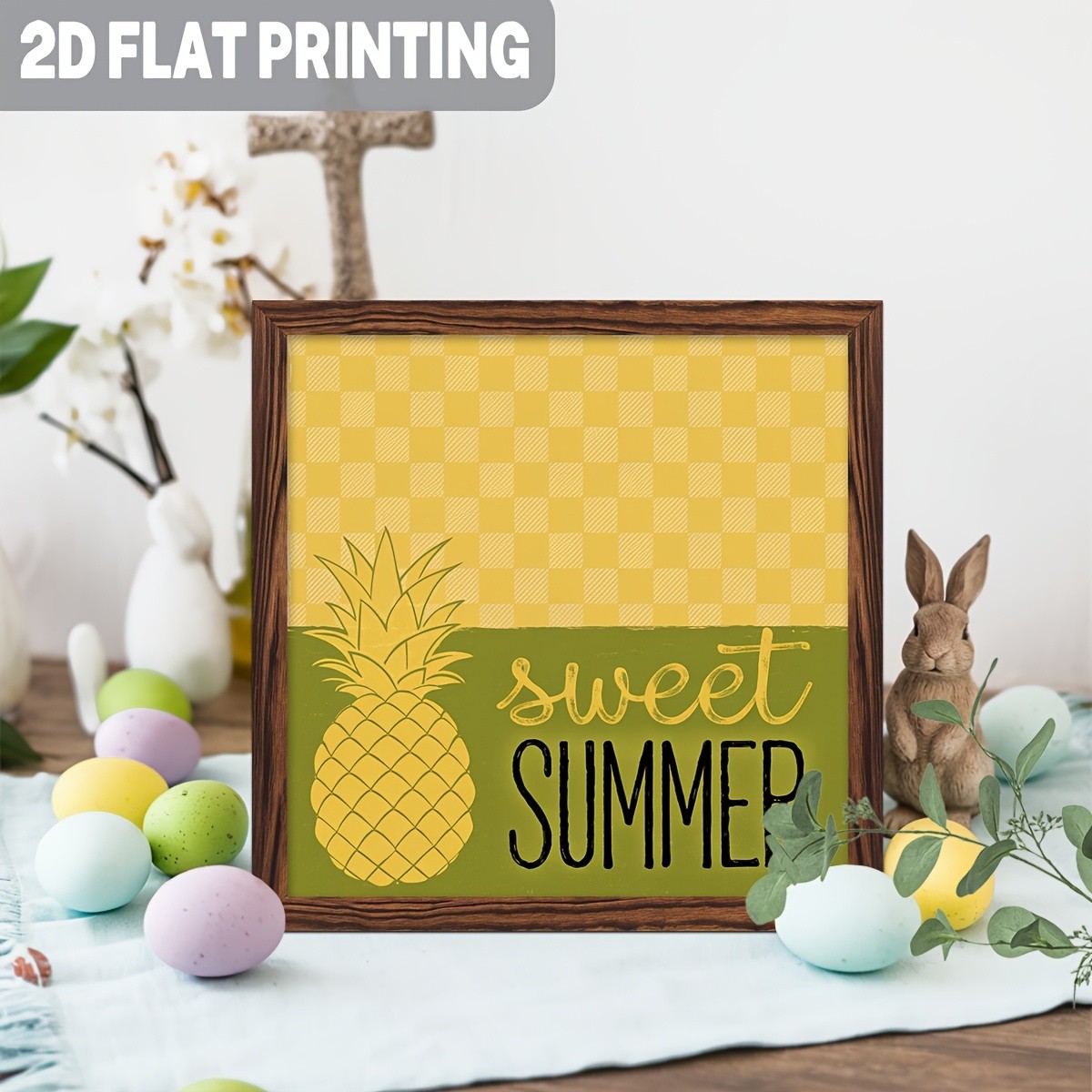 Sweet Summer Pineapple Yellow Gingham Square Wooden Plaque Rustic Wall Decor