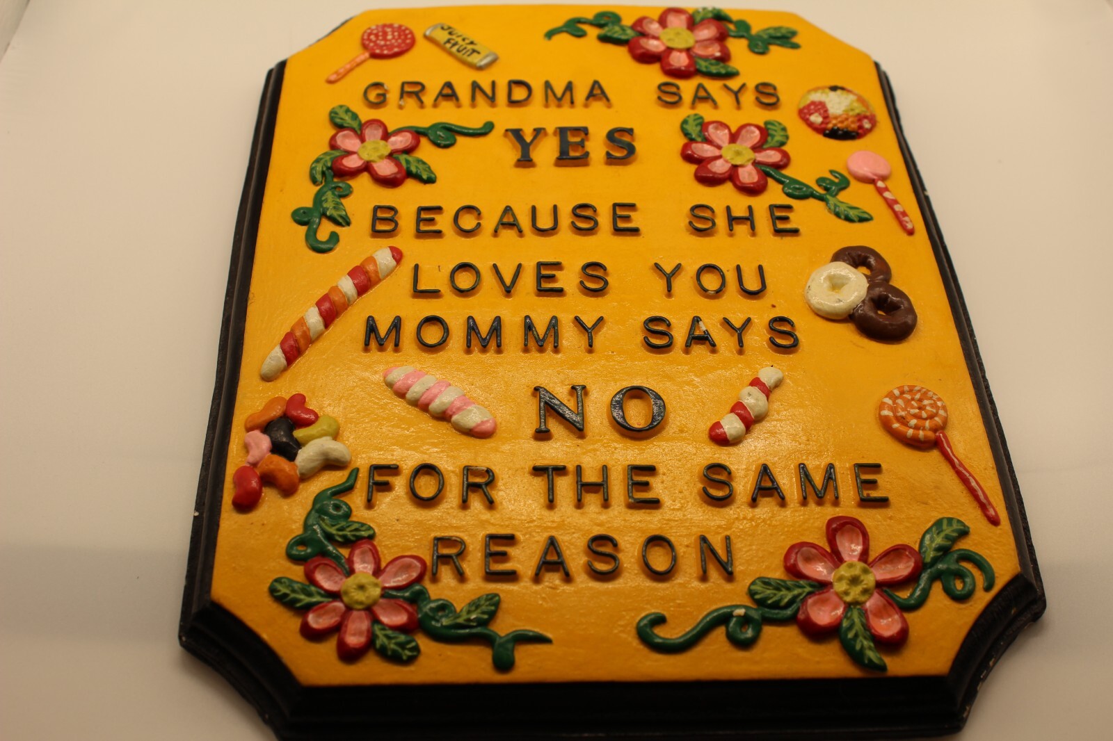 Vintage Grandma Always Says ‘Yes’ Chalkware Plaque Yellow