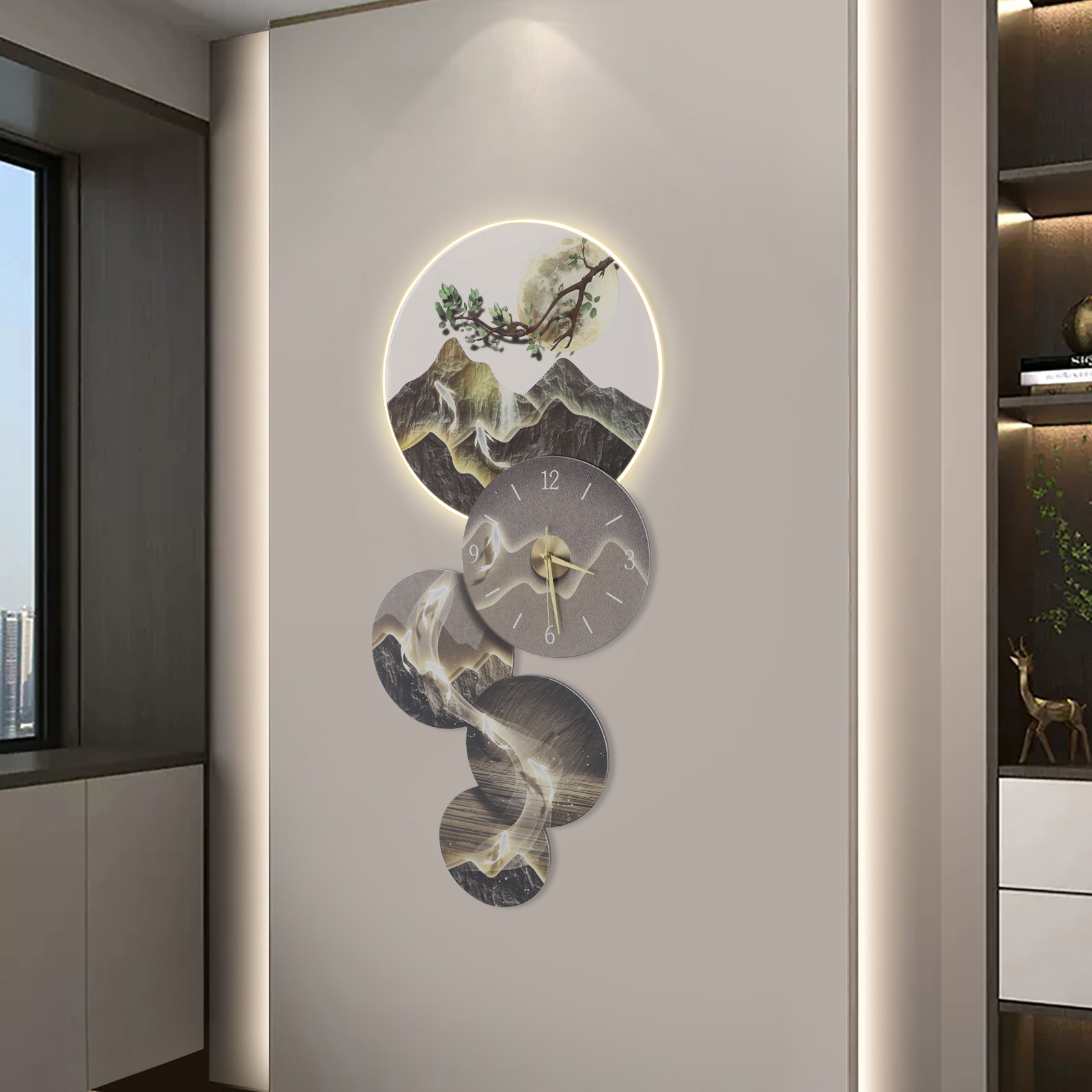 Home Wall Art Decor Hang Wall Art Decor with LED Light & Clock 47x100cm
