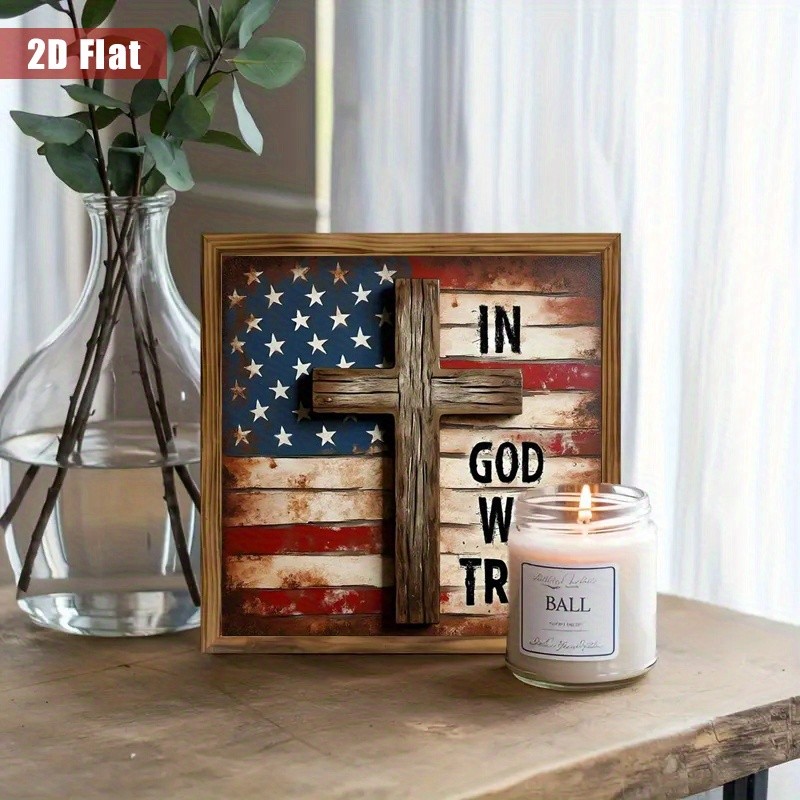 In God We Trust Patriotic Wooden Plaque 4th of July Cross American Flag Decor