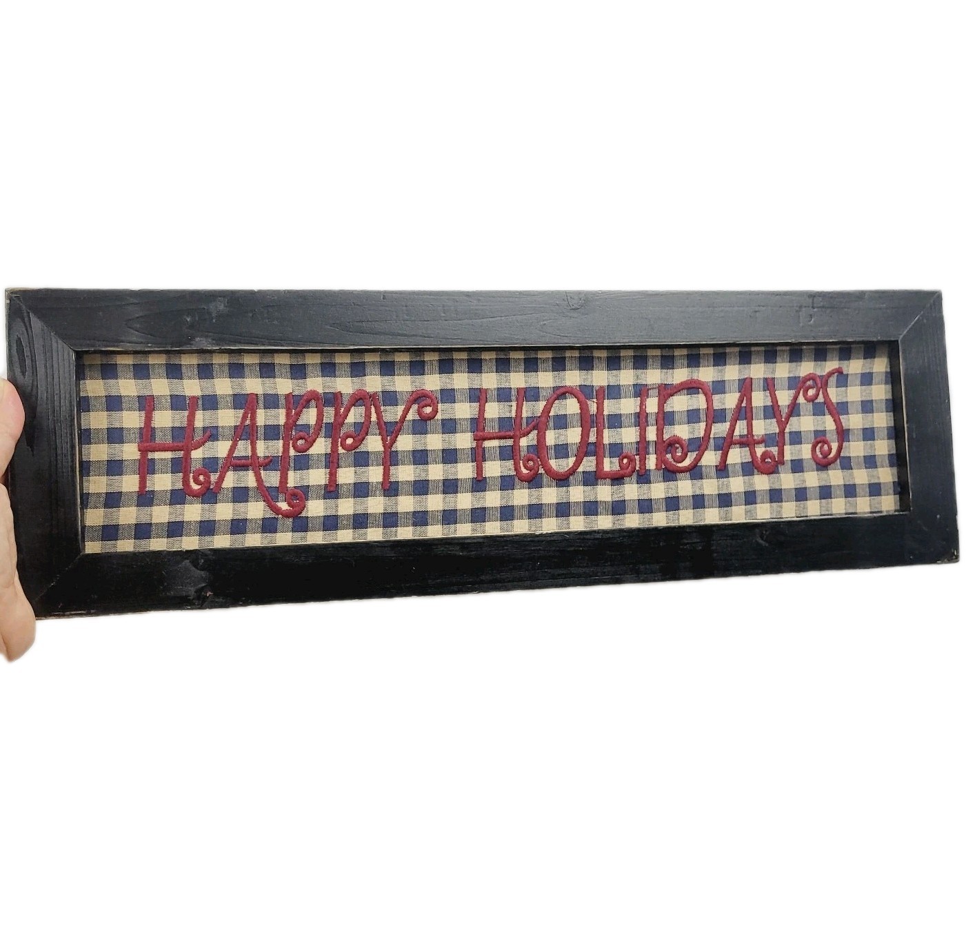 Primitive Rustic Farmhouse Happy Holidays Embroidered Black Wooden Gingham Sign