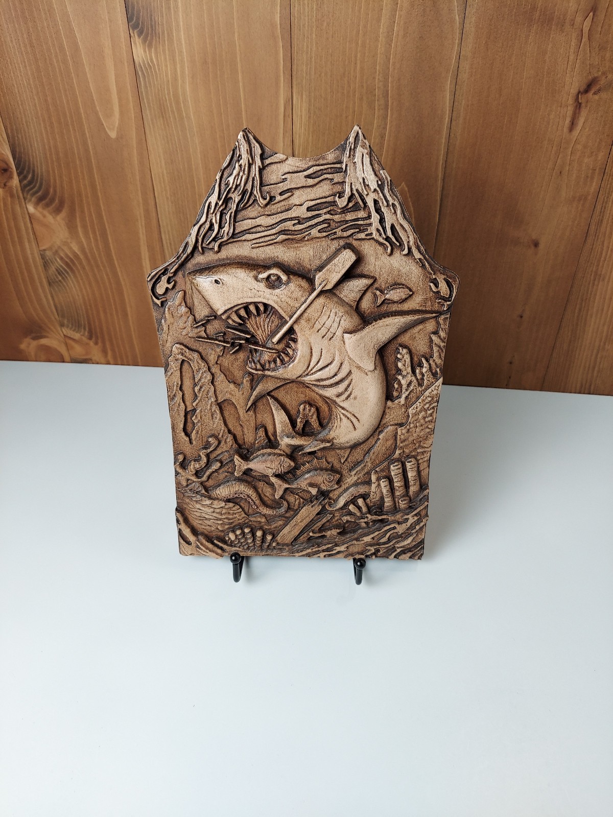 Shark Wood Wall Art, 3D Relief Carving, Handmade Maple Coastal Decor