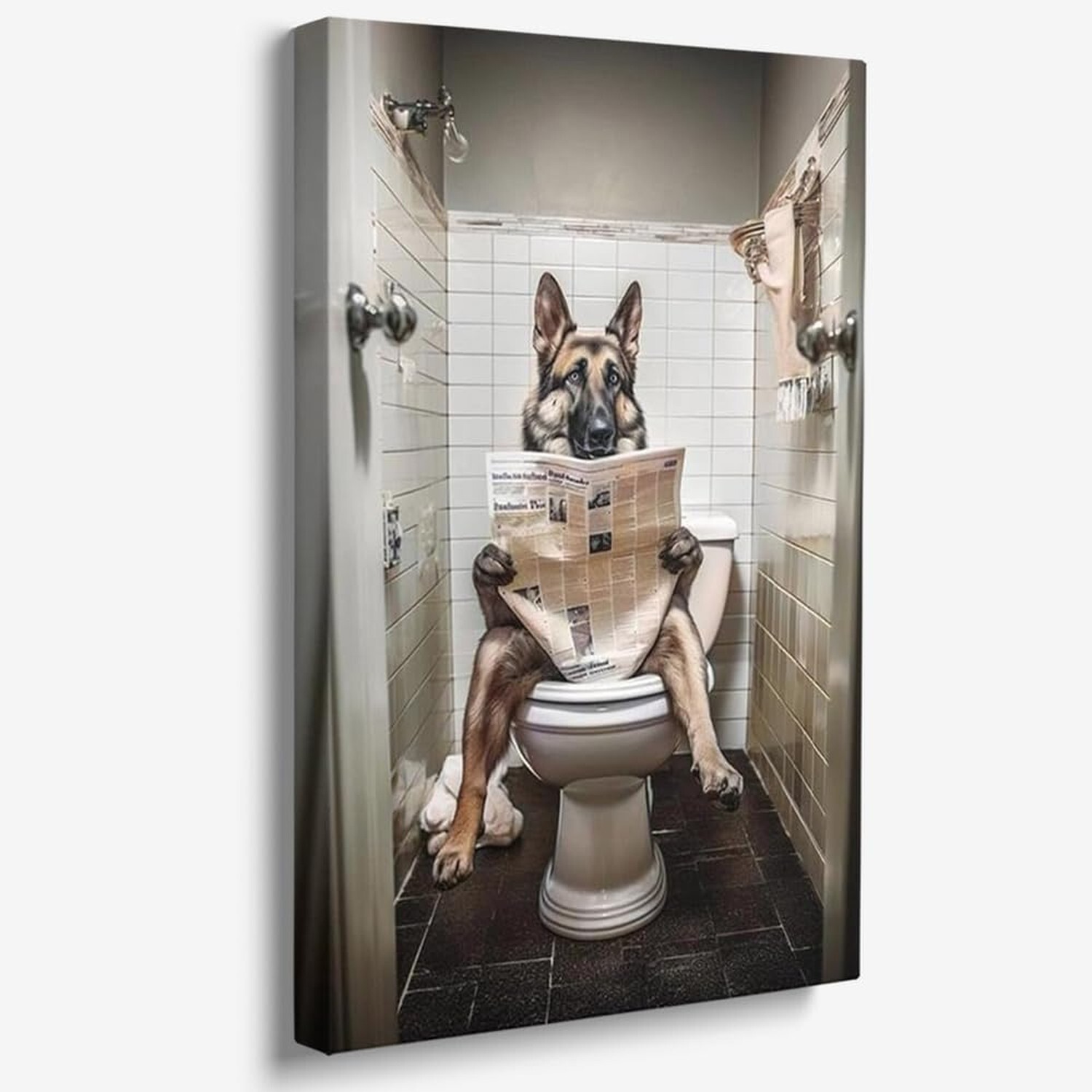 Funny Dog Bathroom Wall Art German Shepherd Dog Reading Newspaper on Toilet A…