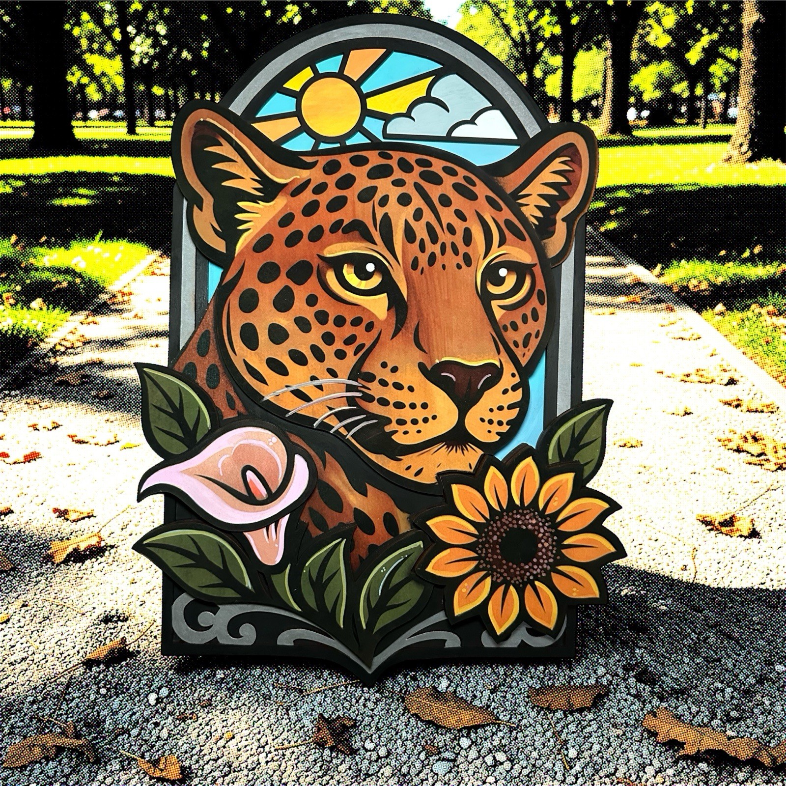 Handmade Leopard Floral Sun Arch Wooden Wall Decor Plaque | 3D Effect