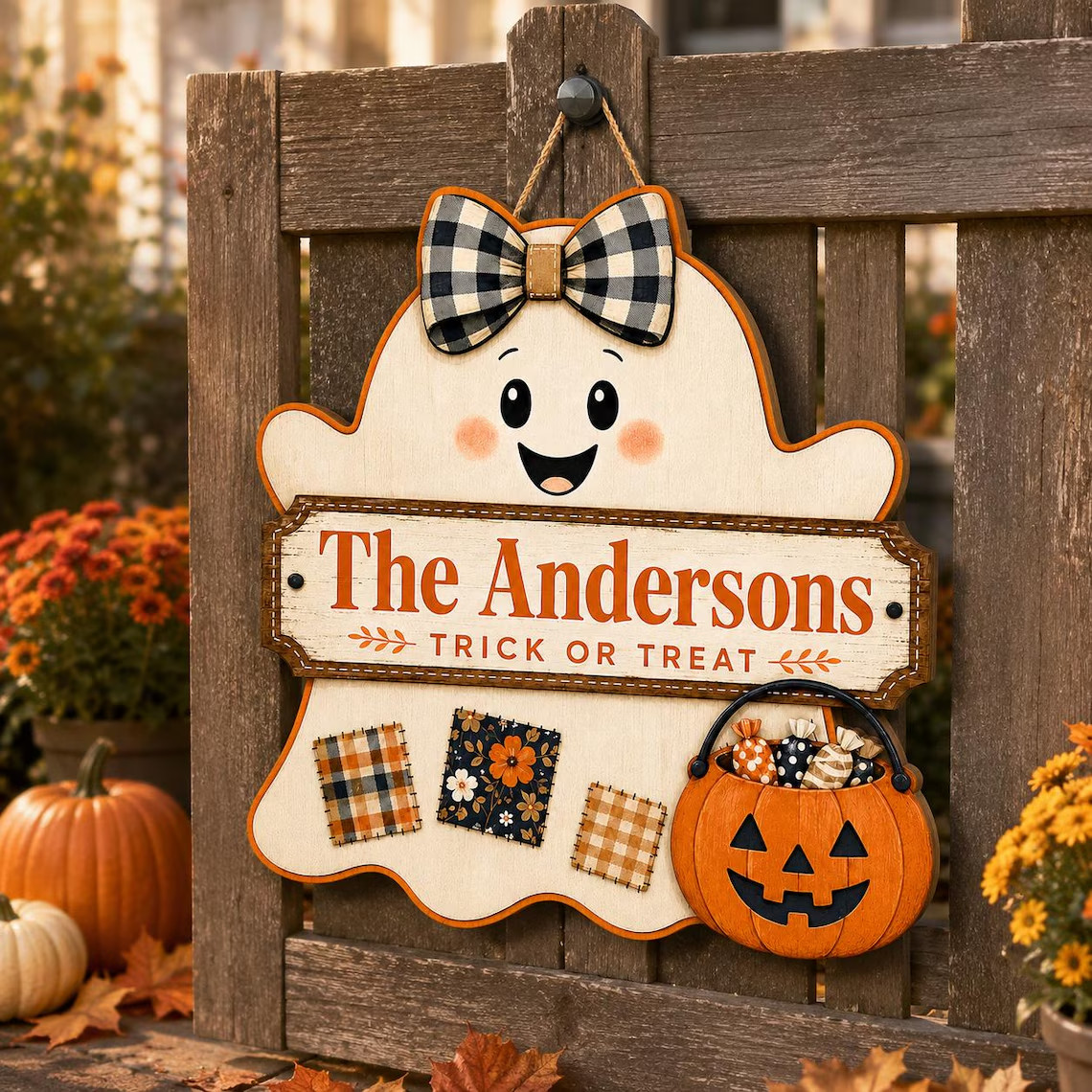 Personalized Ghost Halloween Door Hanger Custom Family Name Trick or Treat Sign
