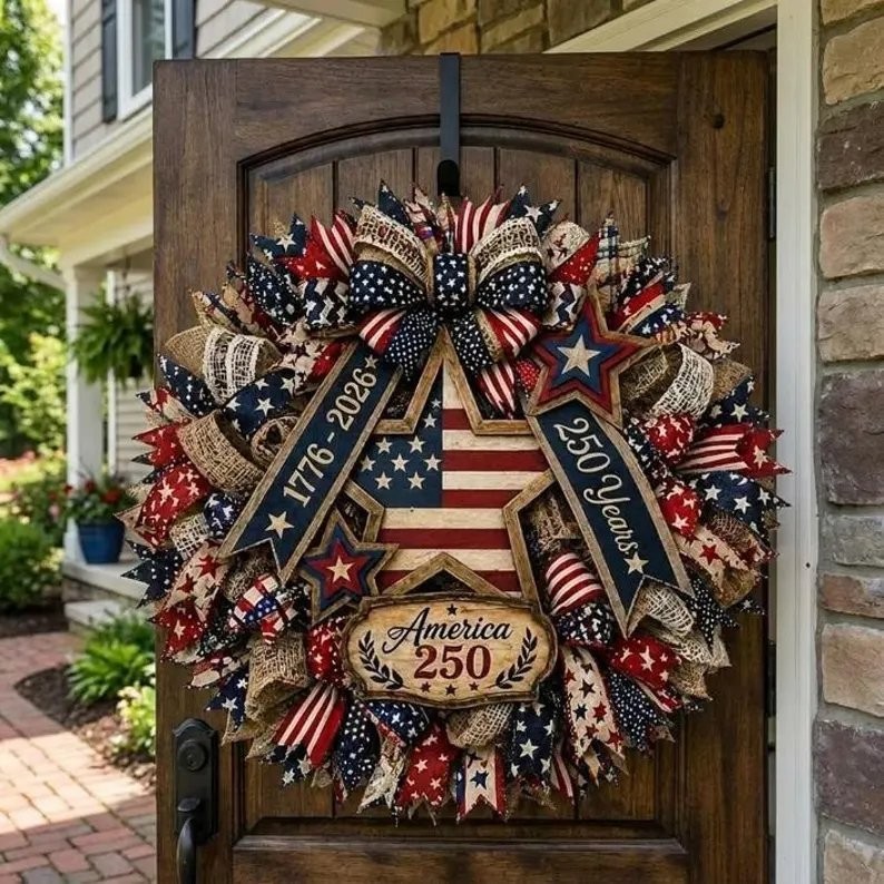 America 250th Years Wooden Wreath, Patriotic Eagle Door Sign, 2D Printed