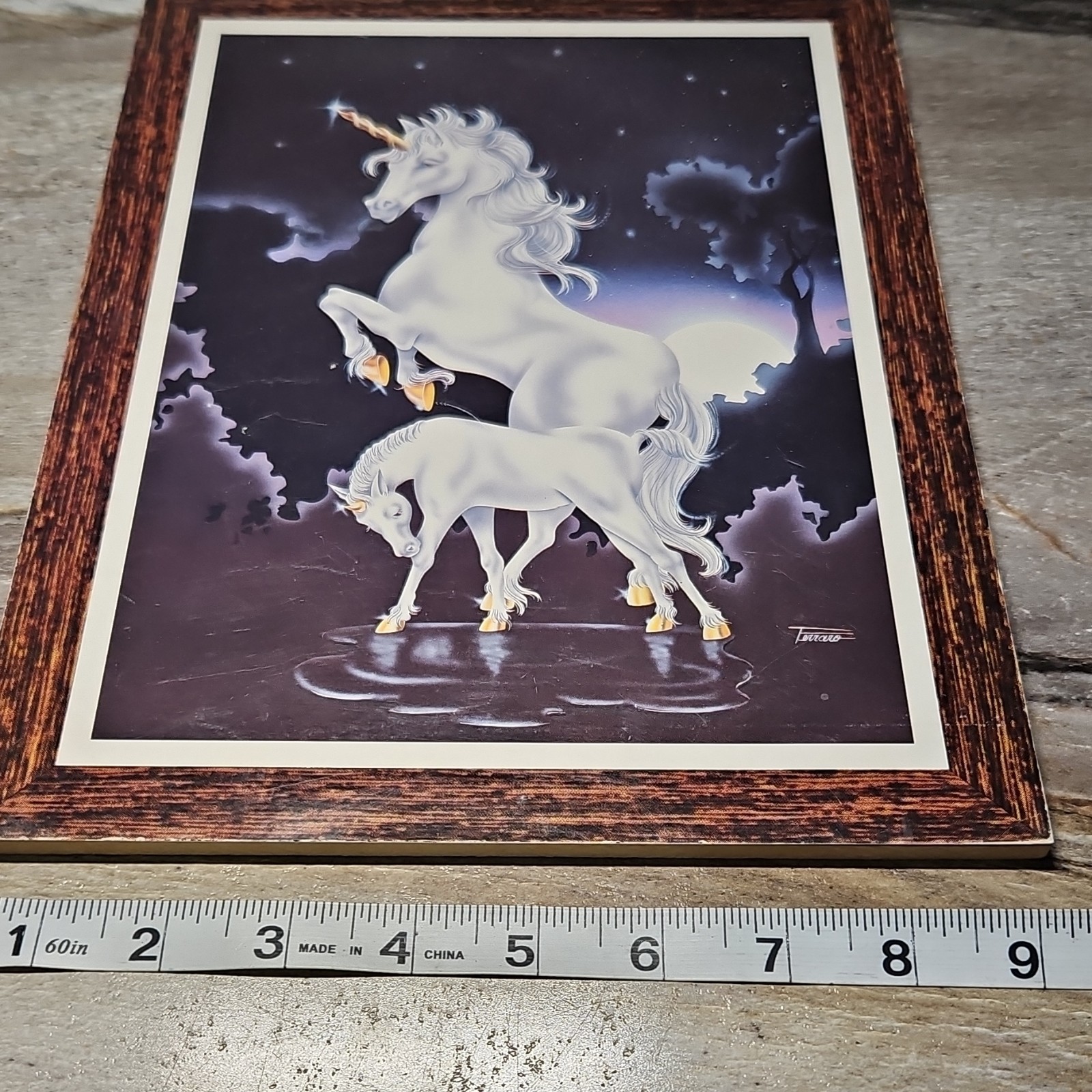 Vintage Ferraco Unicorns Fantasy Wood Plaque Decorative Art 7×5 in