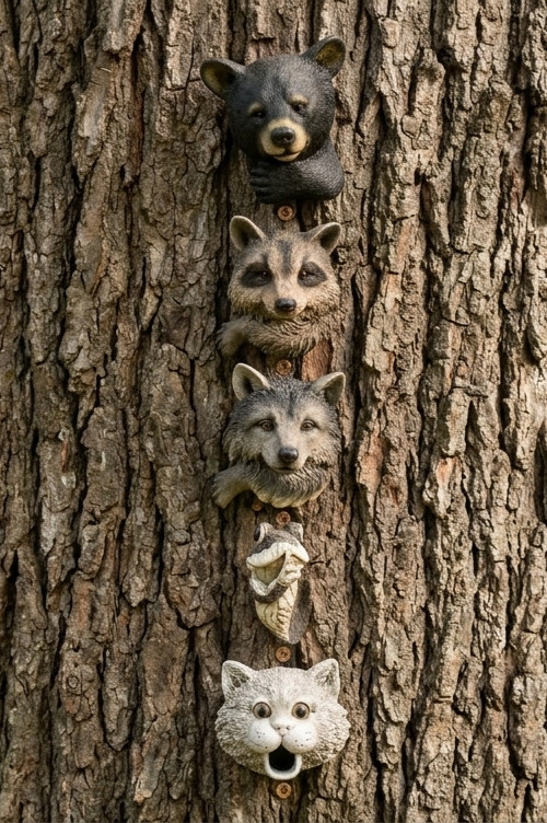VTG Wall Garden Sculpture Lot of 5 Forest Faces Bear Raccoon Wolf Frog Cat Resin