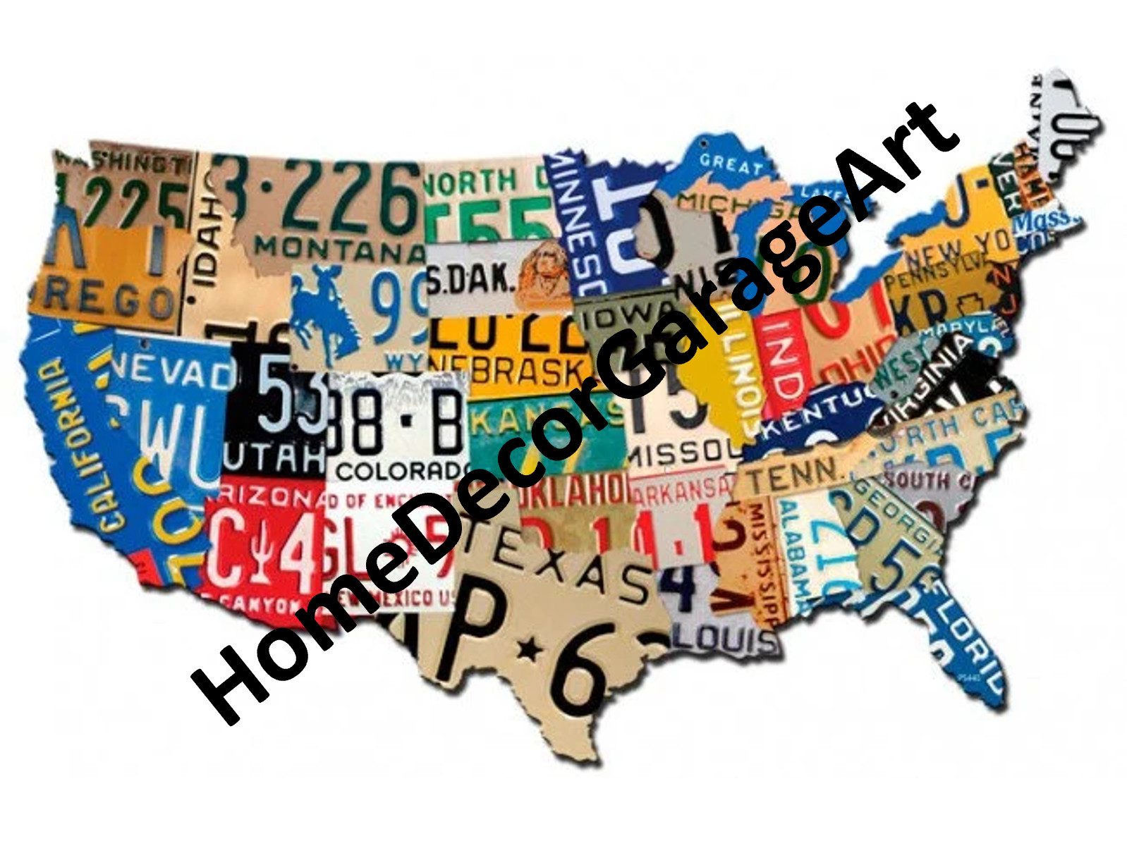 United States License Plate Map Cutout Shape, Flat Metal Wall Art HDGA
